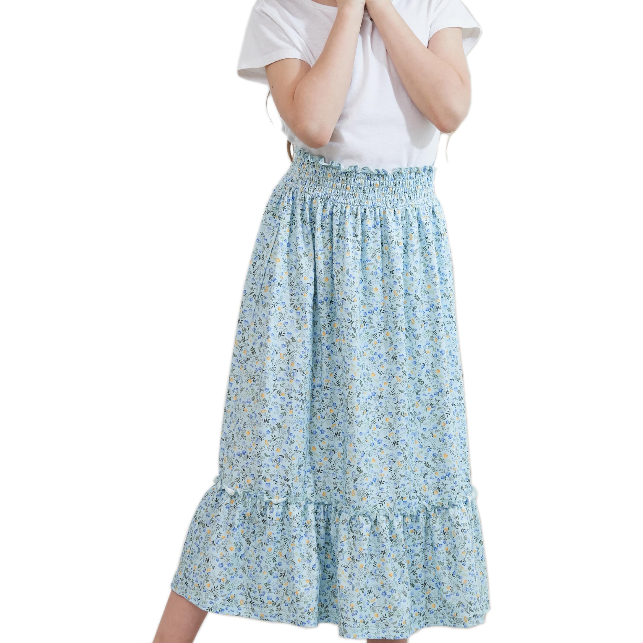 Girls Long Maxi Skirt with Ruffle Hem - High Waisted Summer Skirt for Kids - Cute Boho Style Skirt for Beach, Vacation & Casual Wear