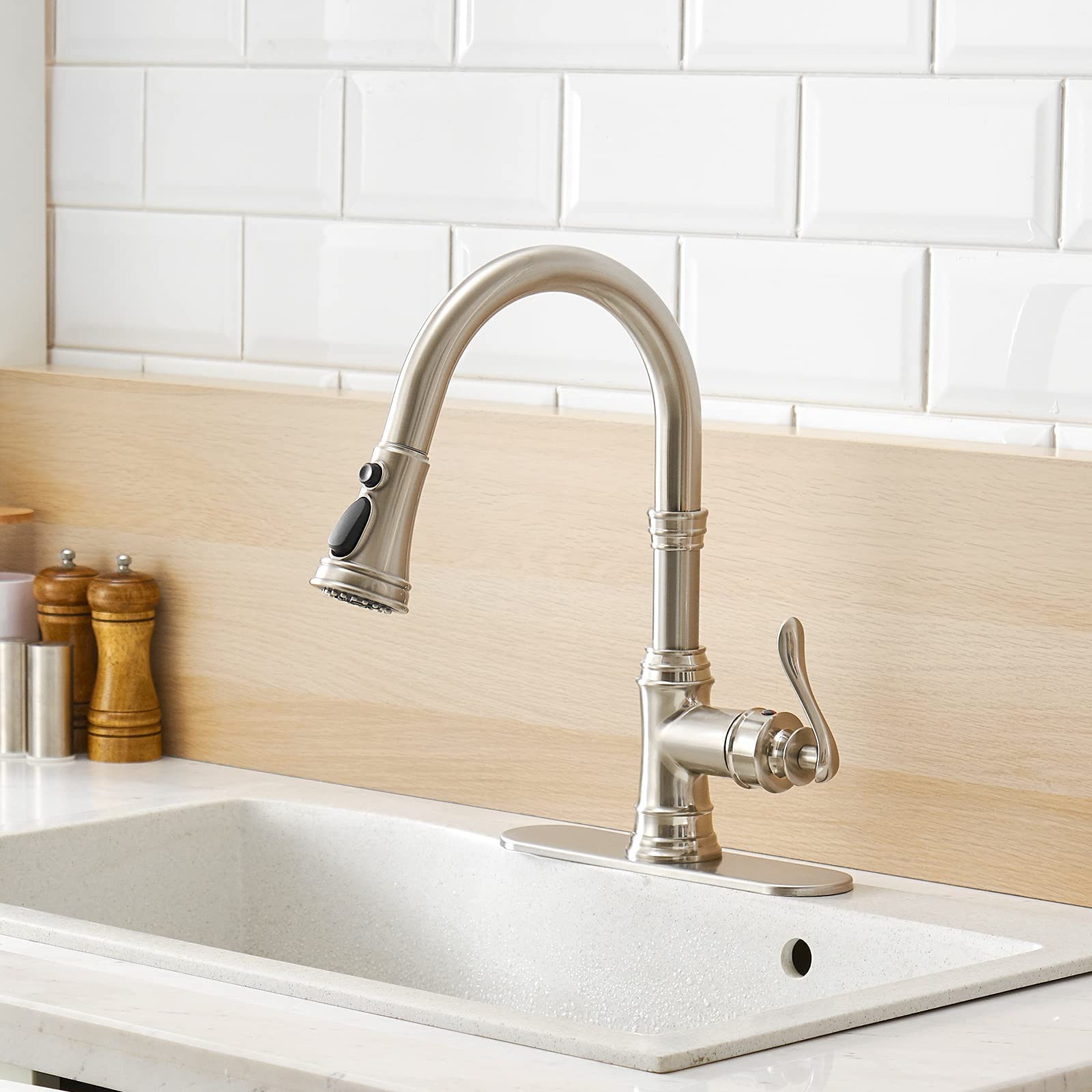 **Brushed Nickel Pull Down Kitchen Sink Faucet with 3 Spray Modes, 10-Inch Deck Plate - Commercial & RV Use for Farmhouse, Restaurant, and Home Kitchens**