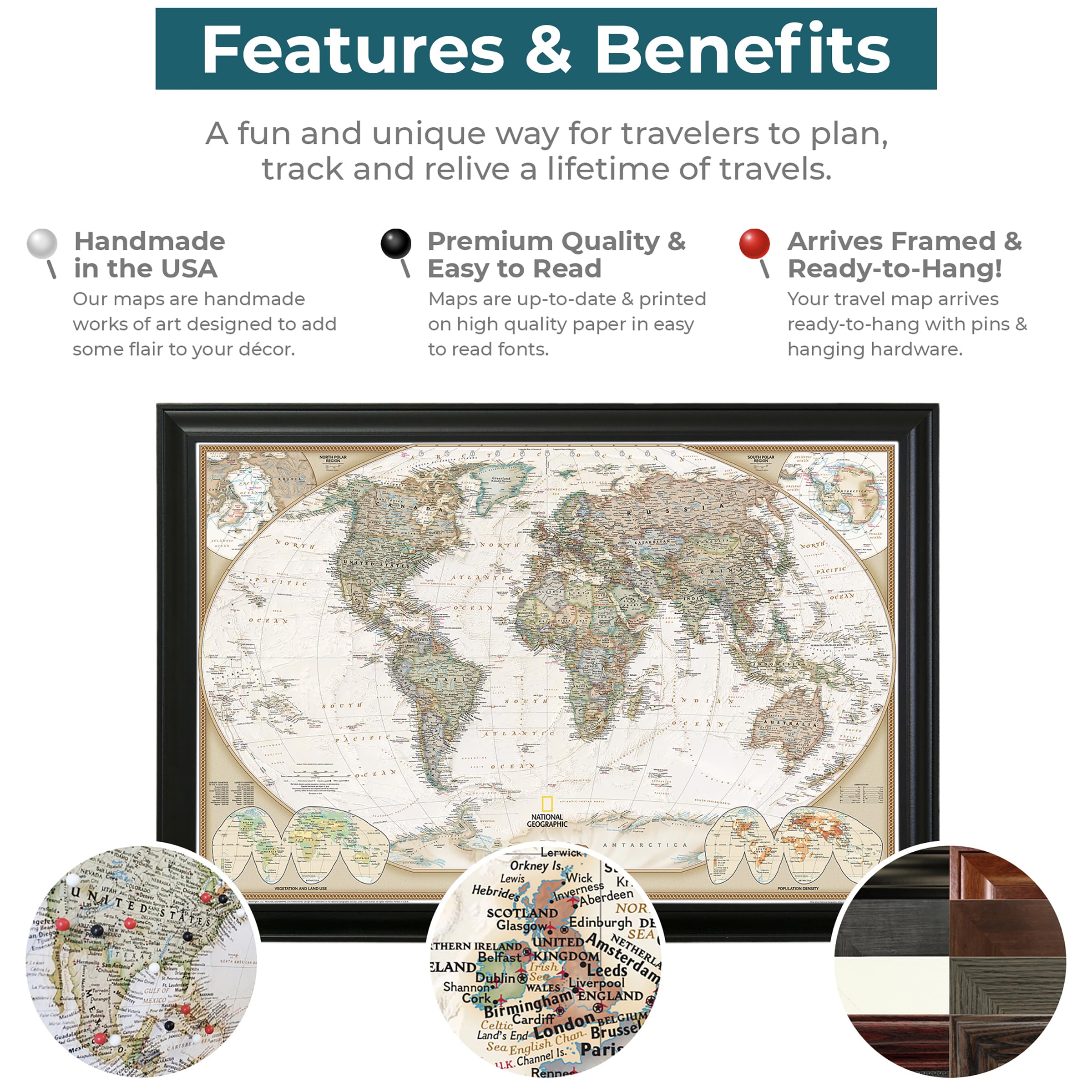 Custom Push Pin Travel Map - Personalized Framed World Map Wall Art with 150 Pins - Textured White Executive Style - Handmade in USA - 27.5