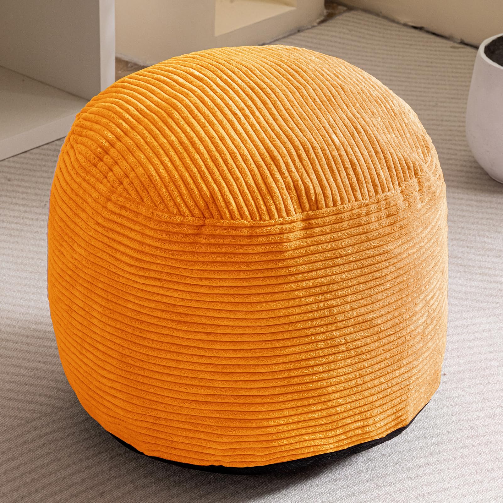 MAXYOYO Round Stuffed Pouf Ottoman - Corduroy Foam-Filled Footrest, 20 x 15 Inches, Orange - Perfect for Living Room, Bedroom & Nursery Decor