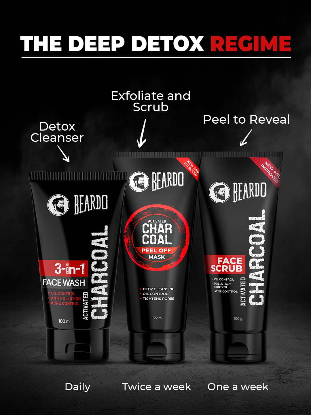 Beardo 3-in-1 Activated Charcoal Face Wash for Men - Deep Cleansing, Exfoliating & Detoxifying Formula | Oil Control & Pore Minimizer for Oily Skin | Removes Dirt, Pollution & Impurities | 100ml Travel Size | Perfect for Daily Skincare Routine & Gym Bag Essentials