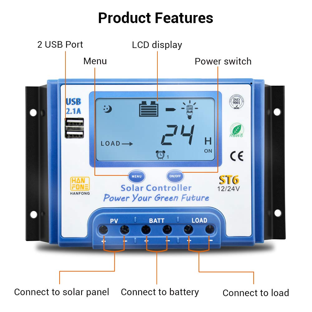 60A MPPT Solar Charge Controller 12V/24V Auto-Switch, Solar Panel Regulator with Dual 5V USB Ports & LCD Display - Perfect for RV, Boat, Off-Grid Power Systems & Solar Panel Kits