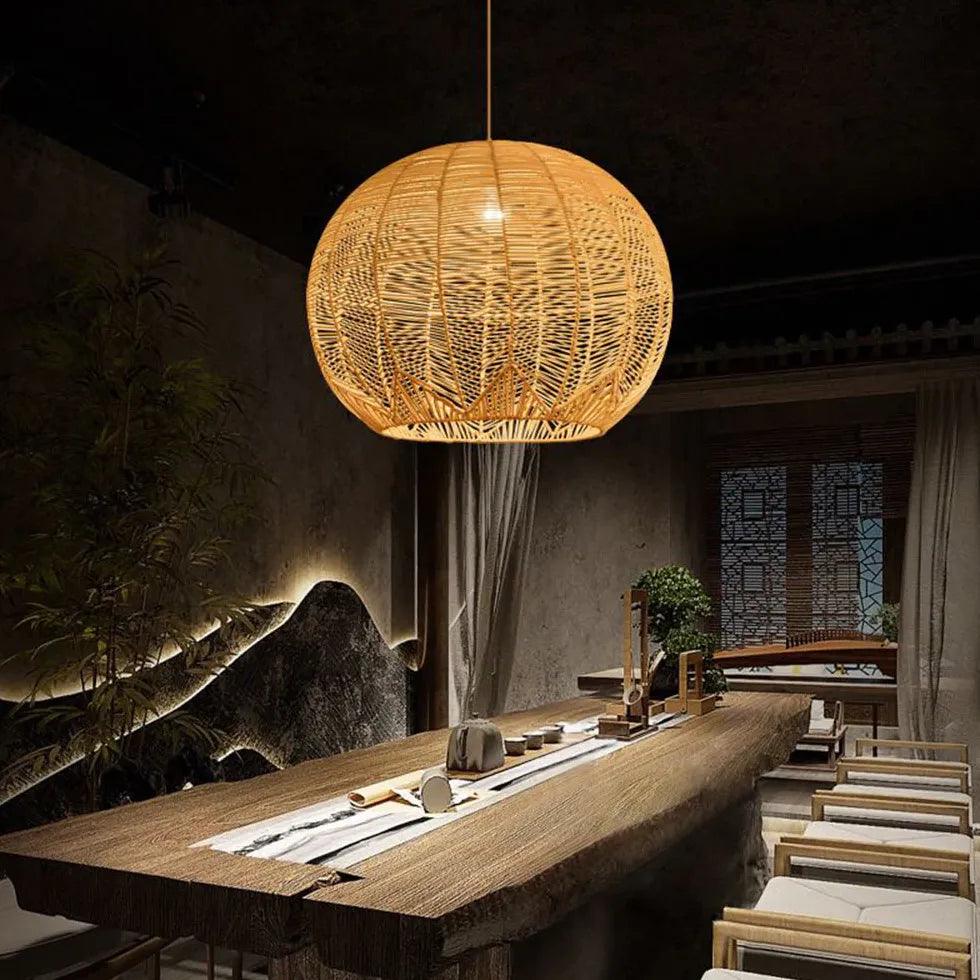 Handwoven Rattan Sphere Pendant Light - Natural Boho Ceiling Fixture for Living Room, Bedroom, or Dining Area