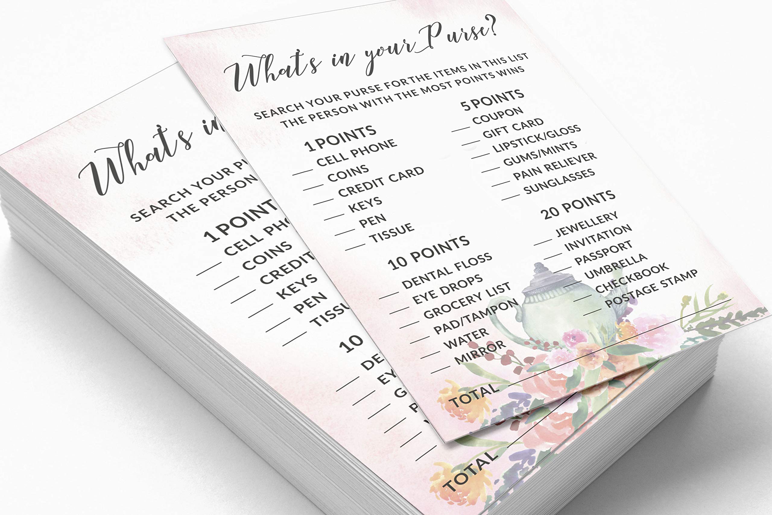Bachelorette Party Game Cards - 50-Pack 'What's in Your Purse' Bridal Shower Activity for Wedding Showers & Tea Parties - Fun Group Games for Girls Night Out