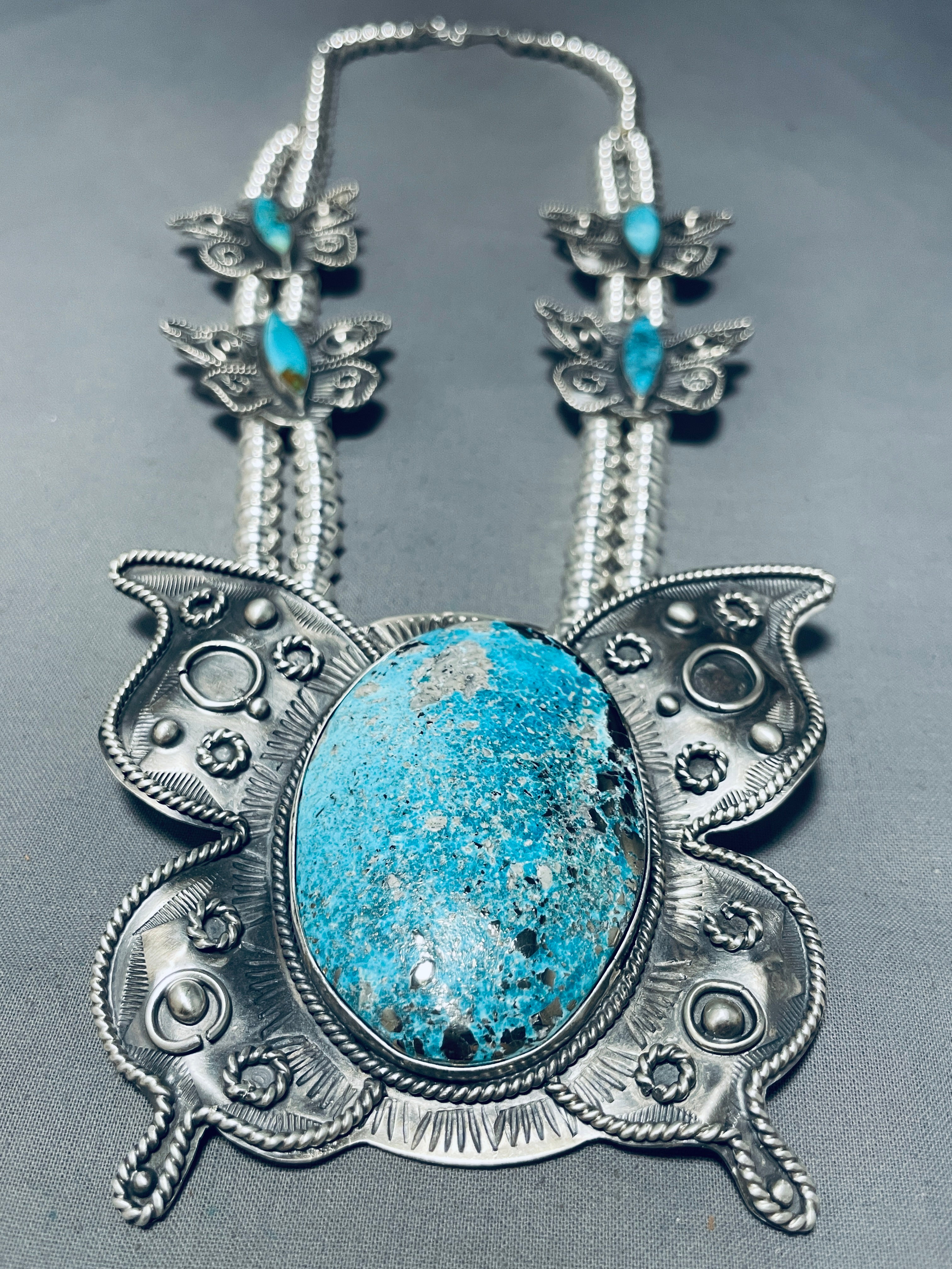 203 Grams Authentic Navajo Sterling Silver Squash Blossom Necklace with Natural Turquoise - Handmade Native American Jewelry for Women, Perfect for Weddings, Ceremonies and Boho Fashion