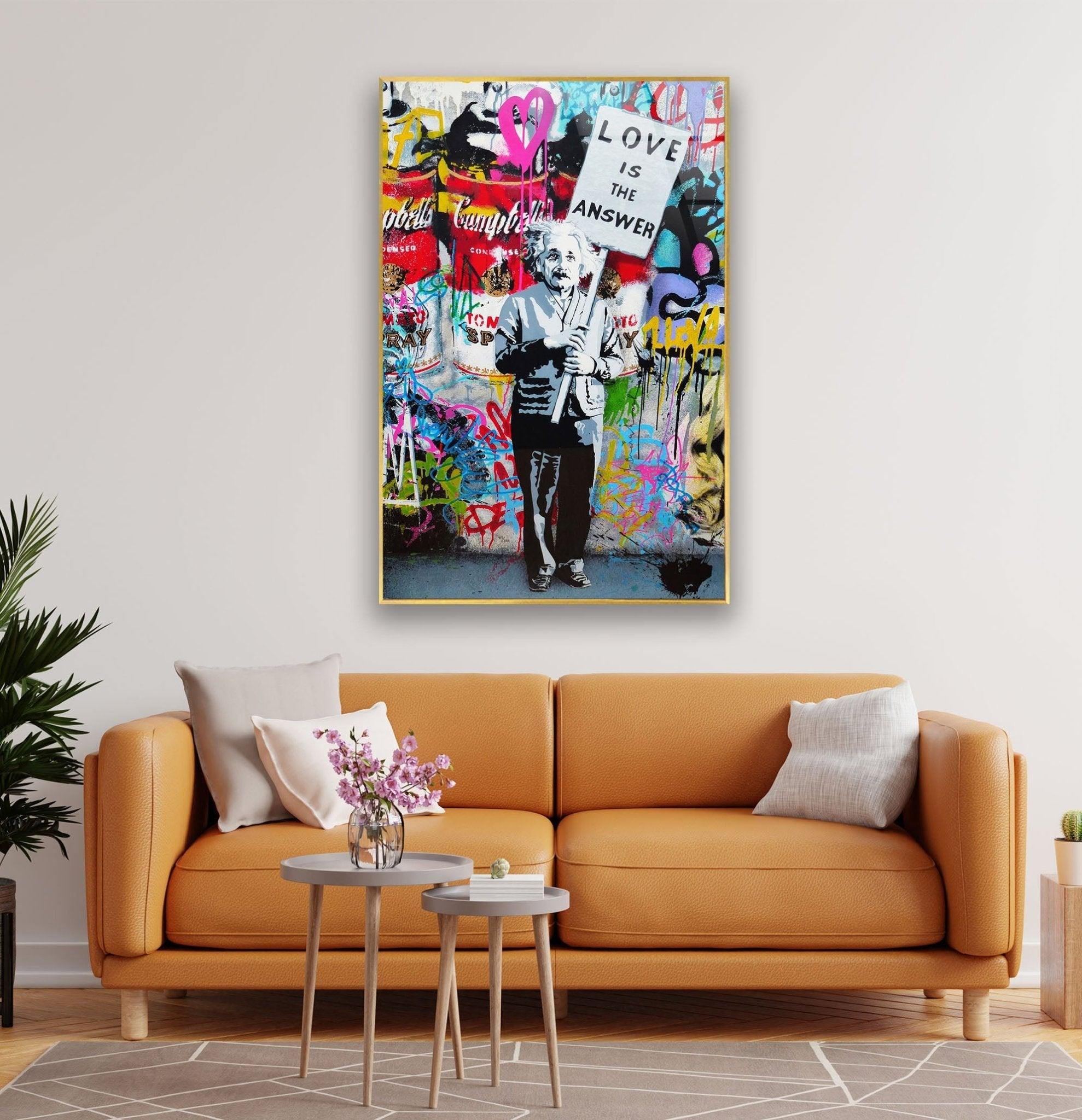 Banksy Einstein Graffiti Glass Wall Art - Modern Home Decor for Living Room, Office & Bedroom - Unique Street Art Inspired Glass Painting