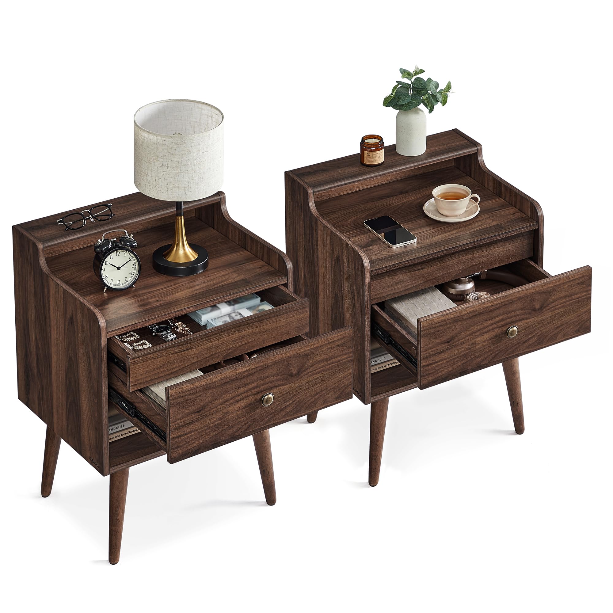 VASAGLE Mid-Century Nightstand Set of 2 with Hidden Drawers - Solid Wood Legs Bedside Tables for Bedroom, Living Room - Natural Walnut Finish ULET624K01 | Perfect for Small Spaces, Apartment Furniture & Modern Home Decor