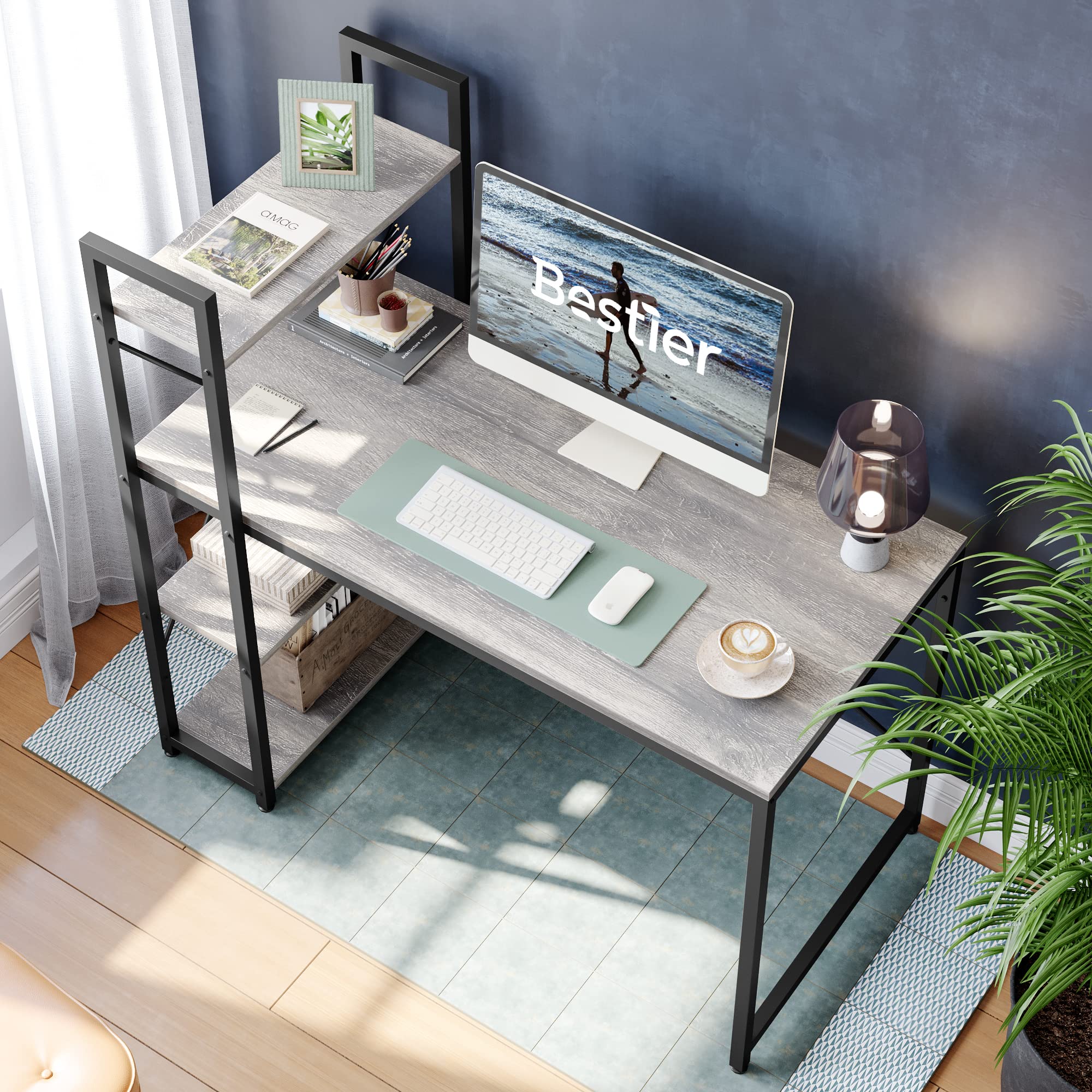 Bestier 47 Inch Home Office Computer Desk with Adjustable Shelves - Sturdy Writing Desk with Reversible Bookshelf & Metal Legs for Small Spaces, Gaming Setup & Studio Work - Wash White Finish for Modern Workspace