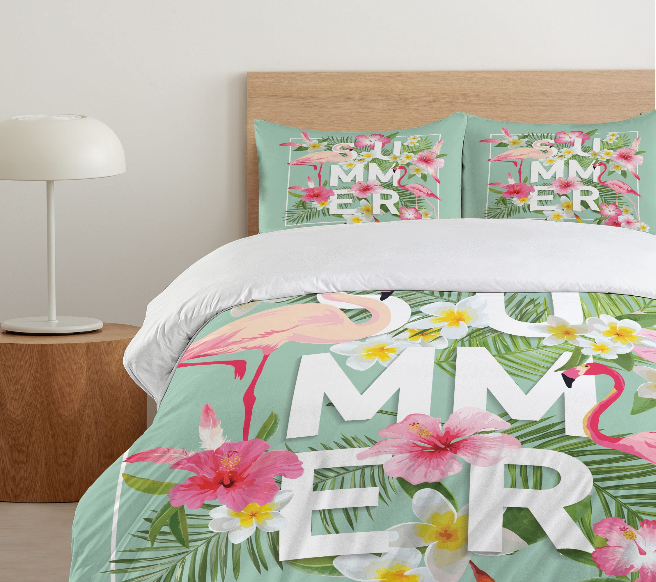 Ambesonne Floral Duvet Cover Set | Tropical Flower & Flamingo Print 3-Piece Bedding | California King Size Mint Green & Pink | Retro Wedding Decor, Bohemian Bedroom, Guest Room Styling