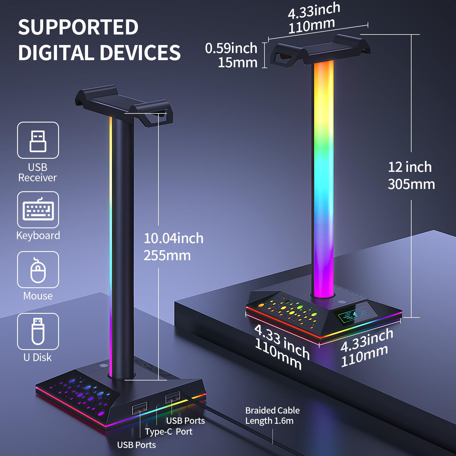 RGB Gaming Headphone Stand with Dual USB Chargers & Cool LED Lights - Premium PC Gaming Accessories for Men, Boys & Gamers - Perfect Headset Holder for Desk Setup, Streaming & Esports Gaming