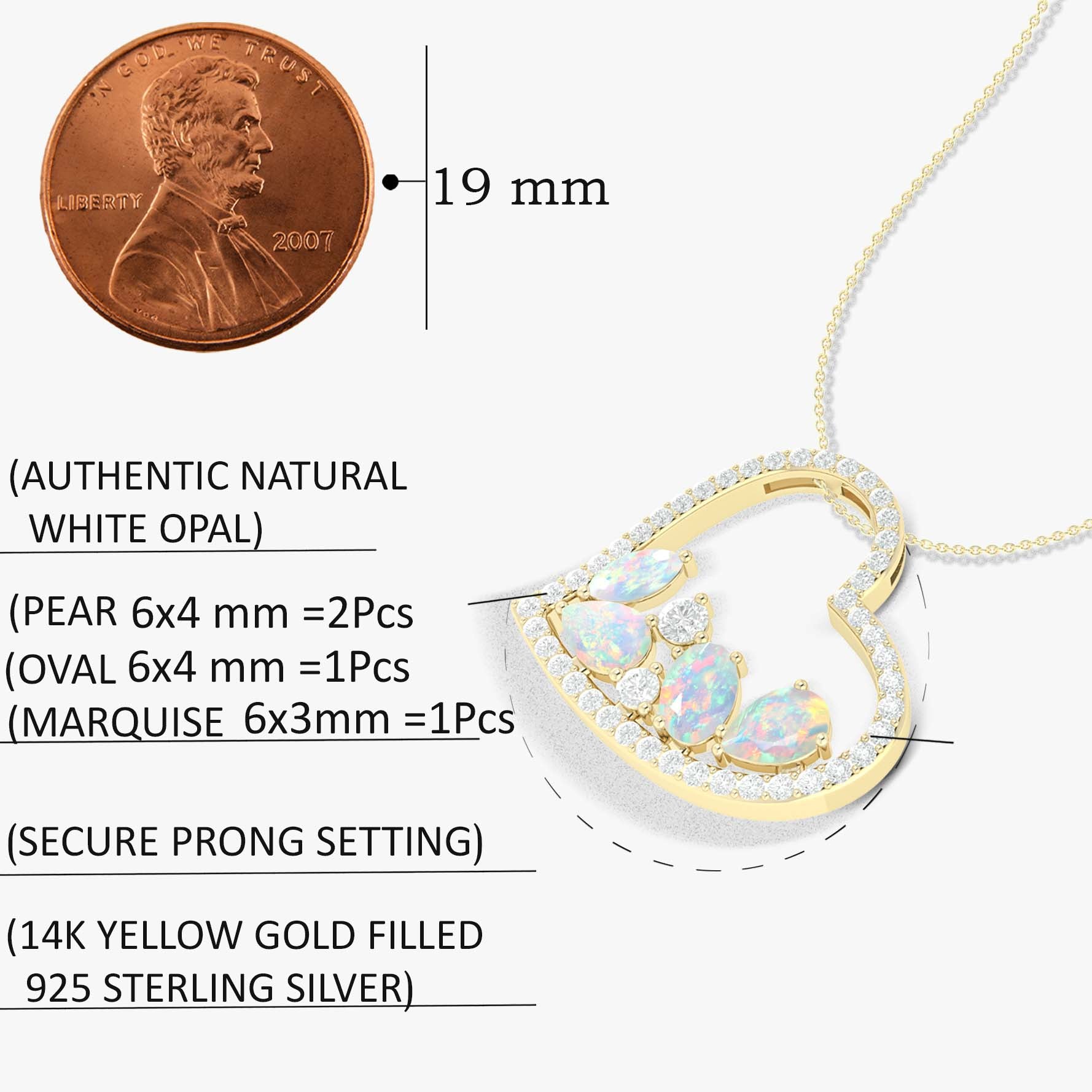 Natural White Opal 4 Stone Heart Pendant Necklace for Women - Sterling Silver Chain Jewelry Gift for Valentine's Day, Anniversary & Special Occasions
