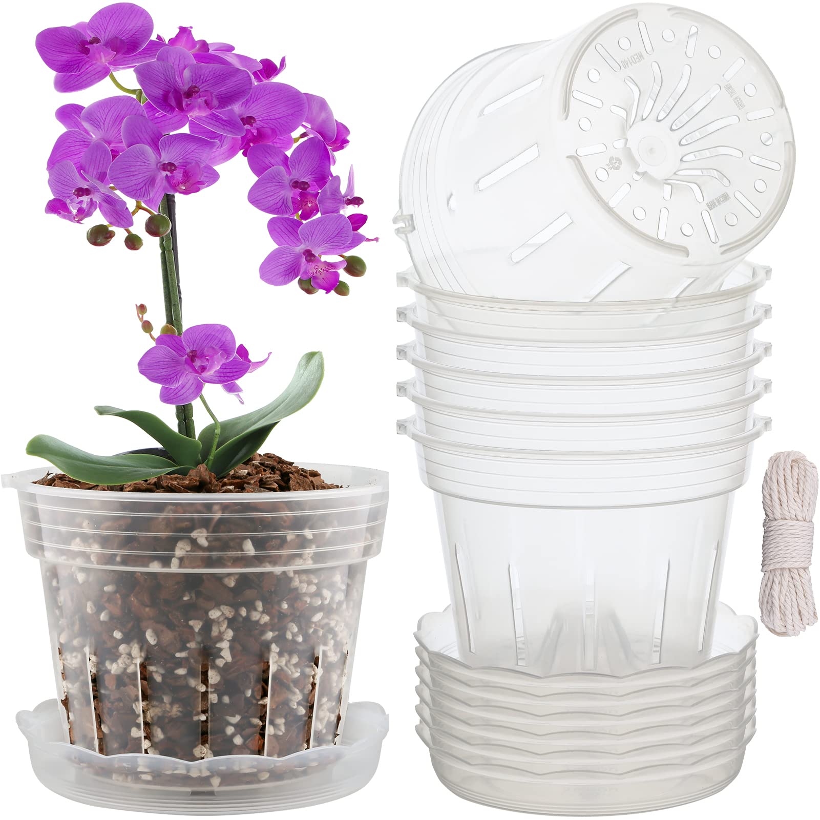 6 Pack Clear Orchid Pots with Holes and Saucers - 5.7 Inch Breathable Plastic Planters for Repotting Orchids - Indoor/Outdoor Flower Pots with Slotted Design for Optimal Drainage - Perfect for Home Gardening, Greenhouses, and Plant Nurseries