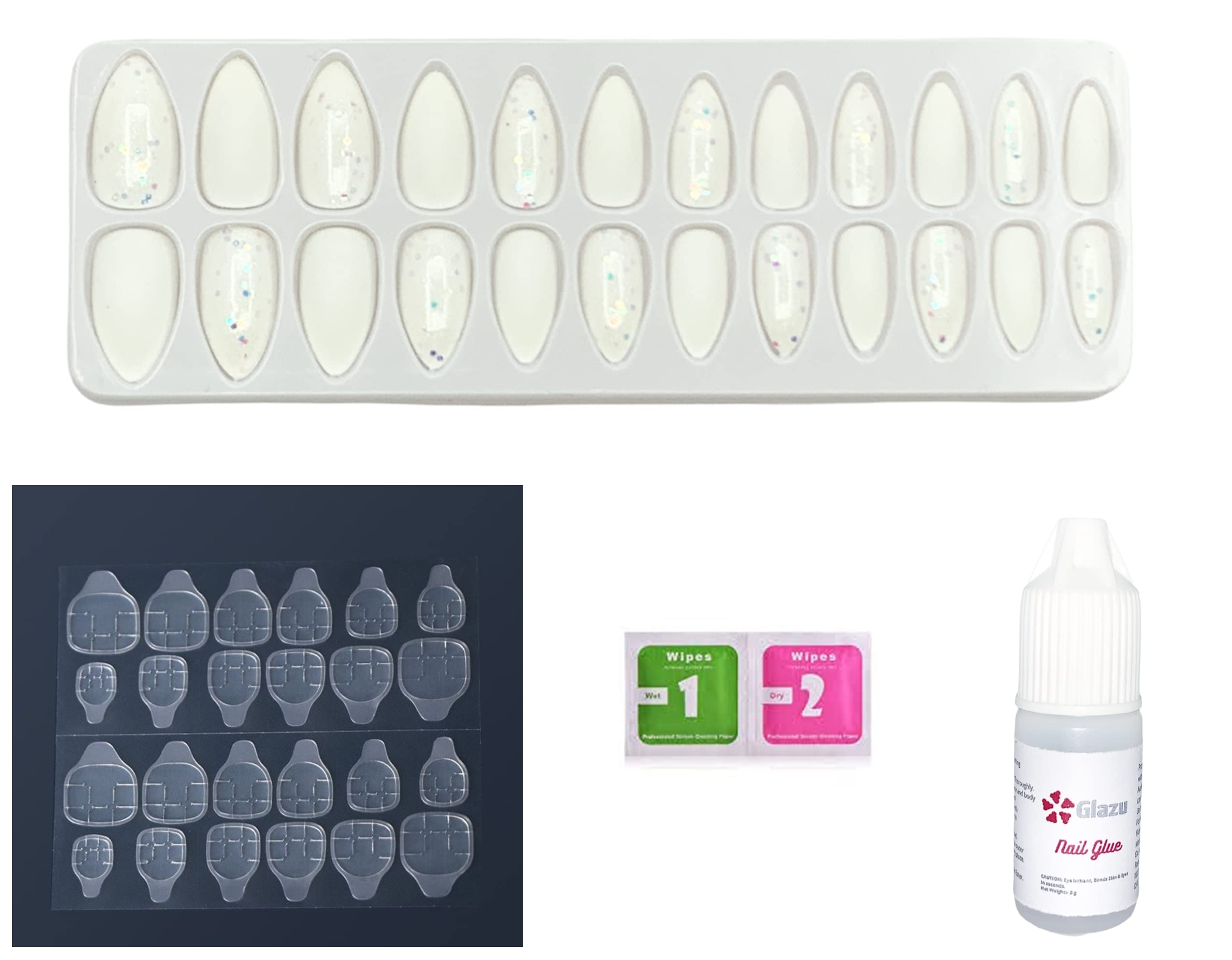 GLAZU Glitter & Matte Press On Fake Nails - 24PCS Artificial Nails Kit with Nail Glue Tabs & Liquid Glue - White False Nails for Women | Perfect for Parties, Weddings & Daily Wear