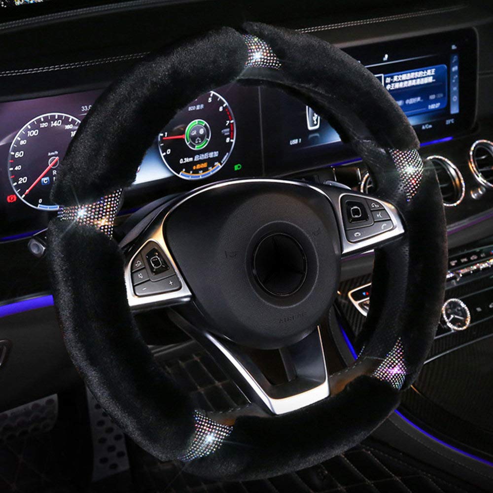 Fuzzy Winter Warm Bling Diamond Steering Wheel Cover - Universal 15 Inch (38cm) Fluffy Car Accessory for Women & Girls - Black | Perfect for Cold Weather & Stylish Driving Comfort