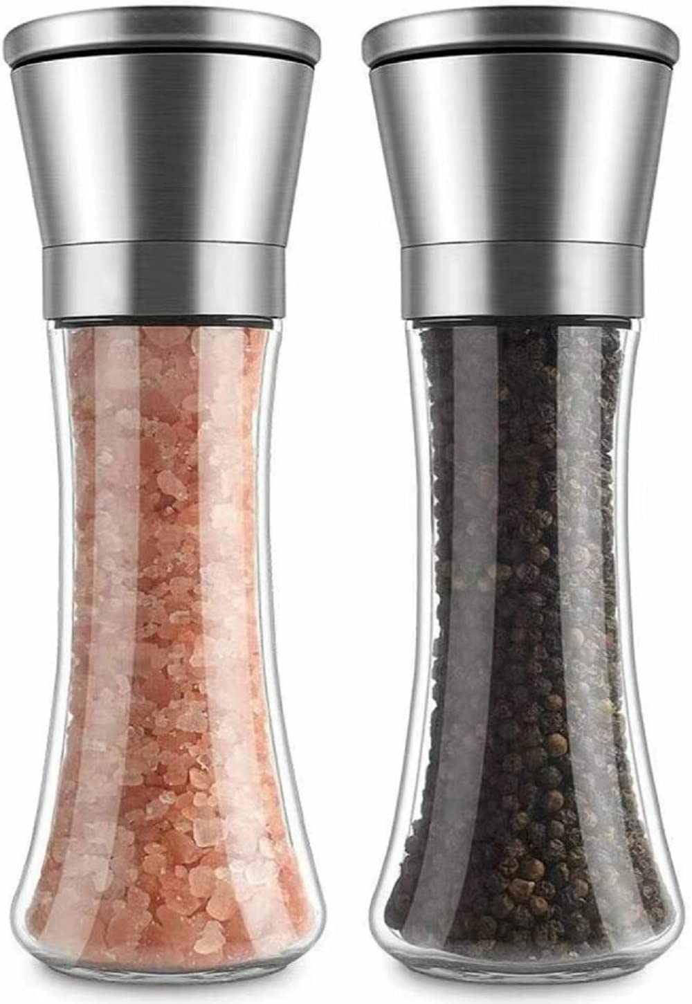 Premium 6OZ Stainless Steel Salt and Pepper Grinder Set - Adjustable Coarseness & Refillable Spice Mill with Sharp Ceramic Blades - Professional Chef Kitchen Tools with Free Wooden Spoon - Perfect for Cooking, Baking & Tabletop Seasoning