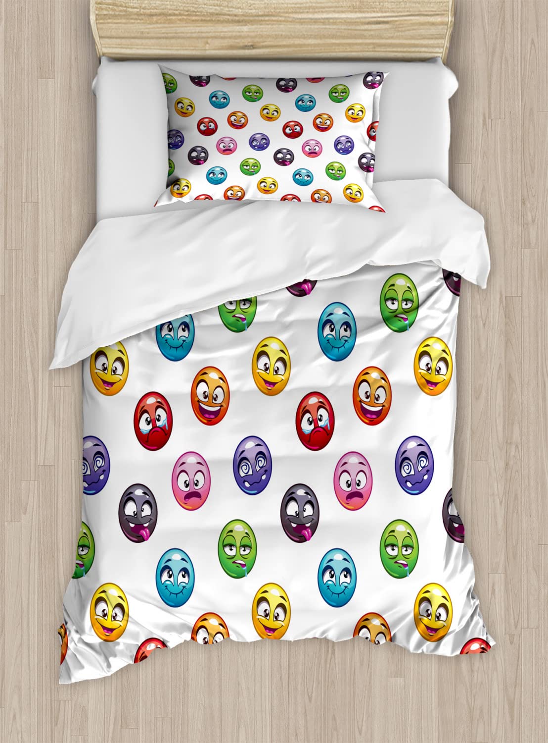 Ambesonne Emoticon Duvet Cover Set - Colorful Cartoon Face Design with Happy, Crying & Tongue-in-Cheek Expressions | 2-Piece Twin Size Bedding Set Includes 2 Duvet Covers & 2 Pillowcases | Perfect for Kids' Rooms, Teen Bedrooms & Fun Home Decor