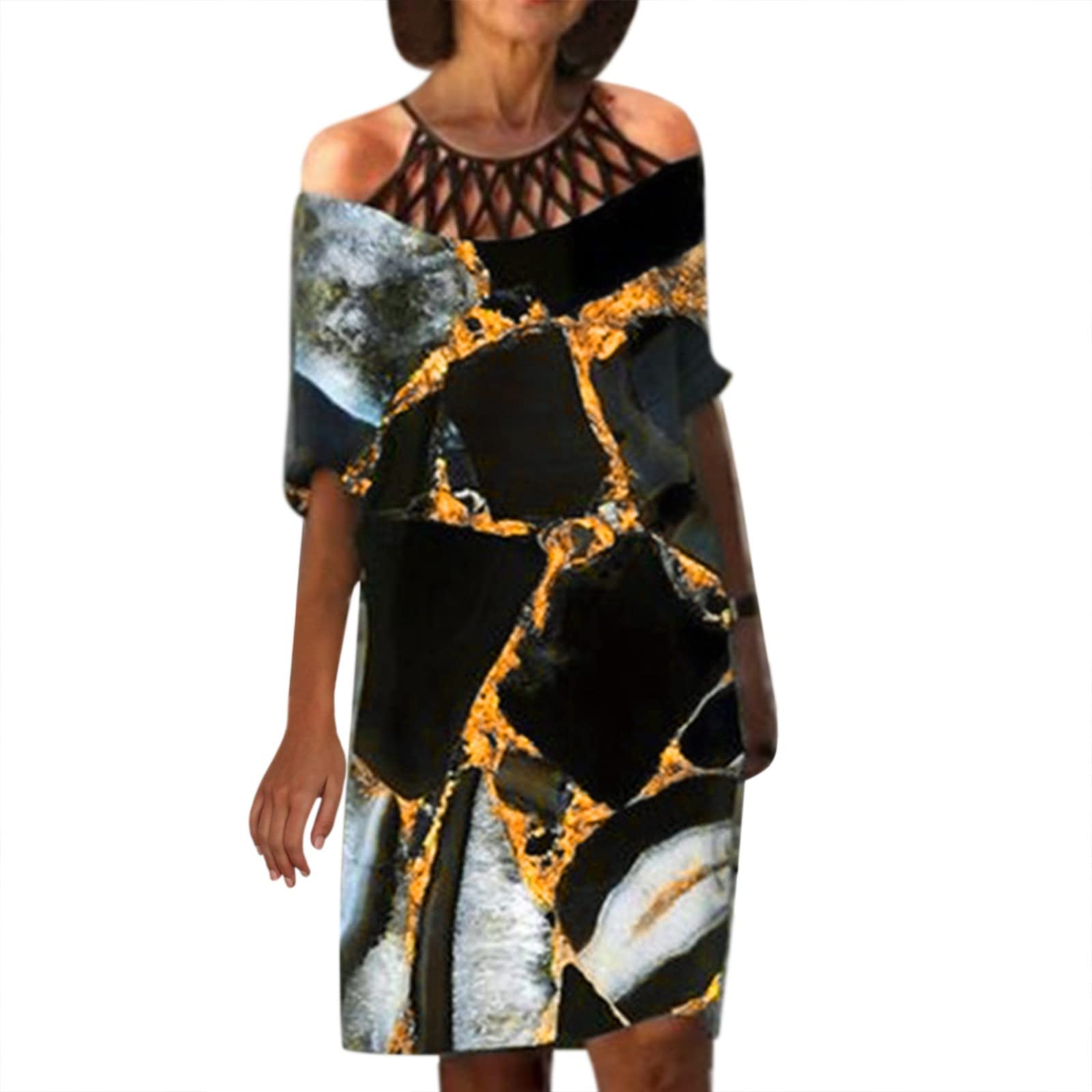 Women's Half Sleeve Round Neck Hollow Out Floral Print Knee Length Sundress - Plus Size Midi Dress for Summer, Beach, Party & Casual Wear