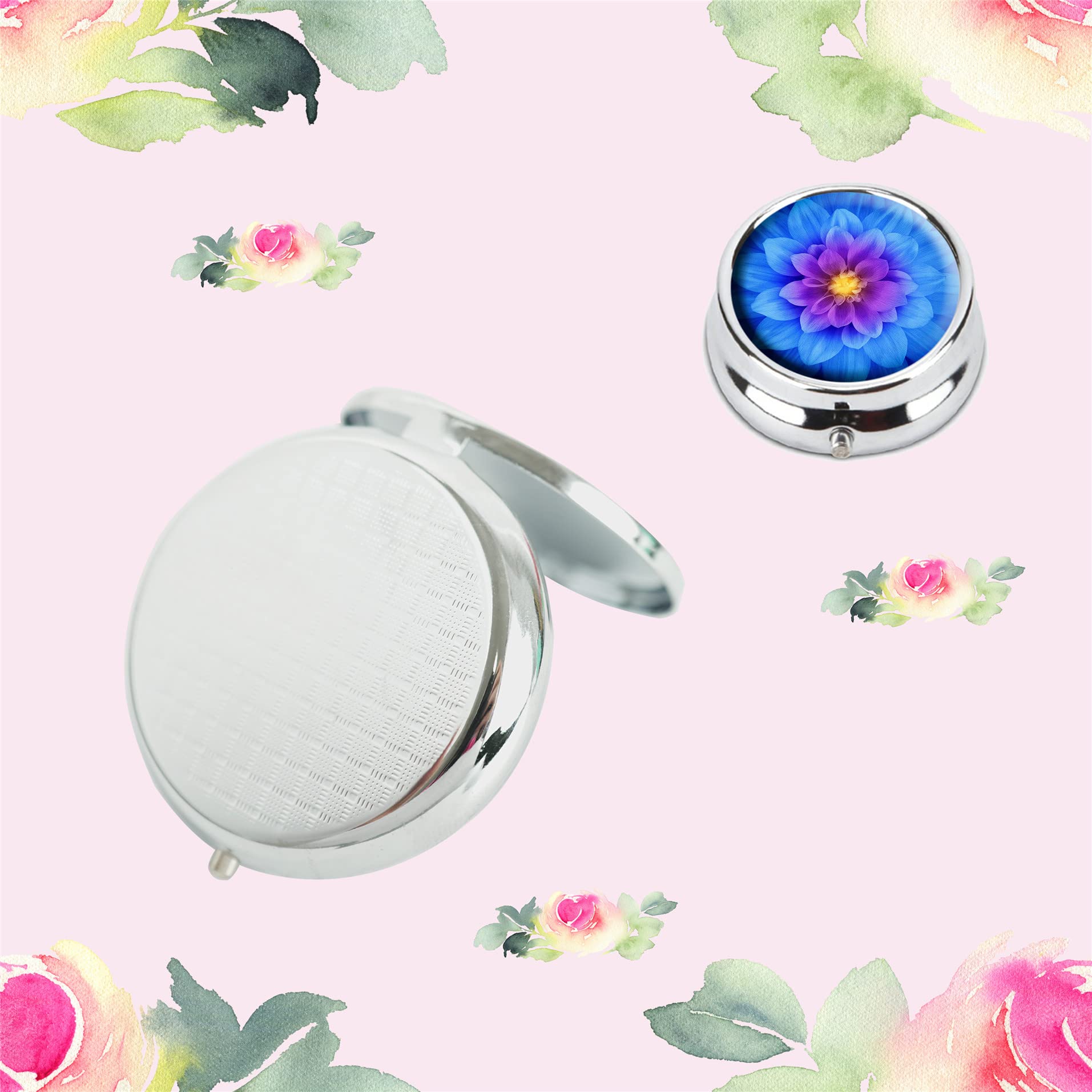 Custom Fashion Round Pill Box - Portable Tablet Holder & Purse Organizer with Blue Watercolor Lotus Design - Perfect for Travel, Daily Medication & Jewelry Storage