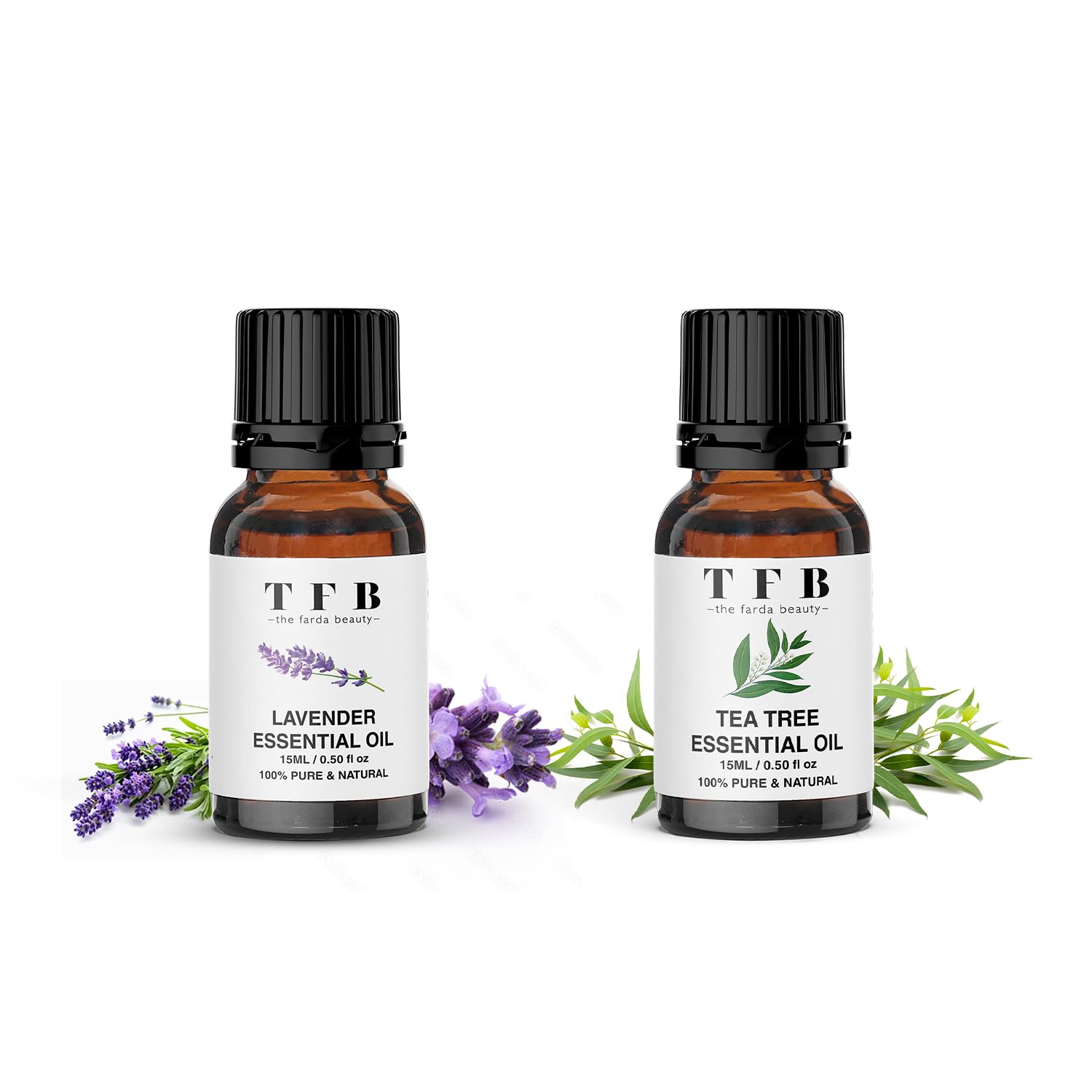 TFB 100% Pure Organic Lavender & Tea Tree Essential Oil Set (2x15ml) - Natural Dandruff & Dry Scalp Treatment, Acne & Pimple Control, Stress Relief - Perfect for Aromatherapy, DIY Skincare & Hair Care