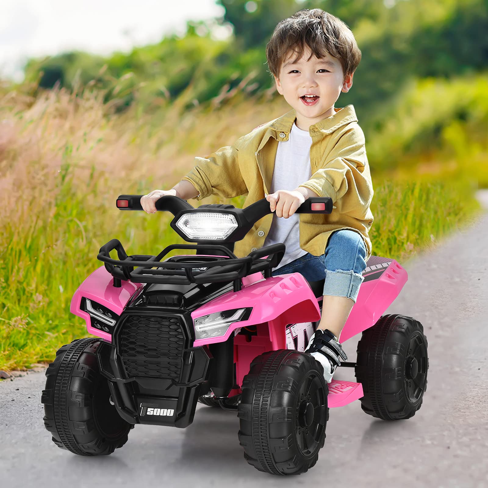 Costzon 6V Kids Electric ATV Quad with Storage Basket, Headlight, Horn & Music - Pink Ride-On Toy Car for Toddlers 18-36 Months | MP3/USB Player | Outdoor & Indoor Play for Boys & Girls