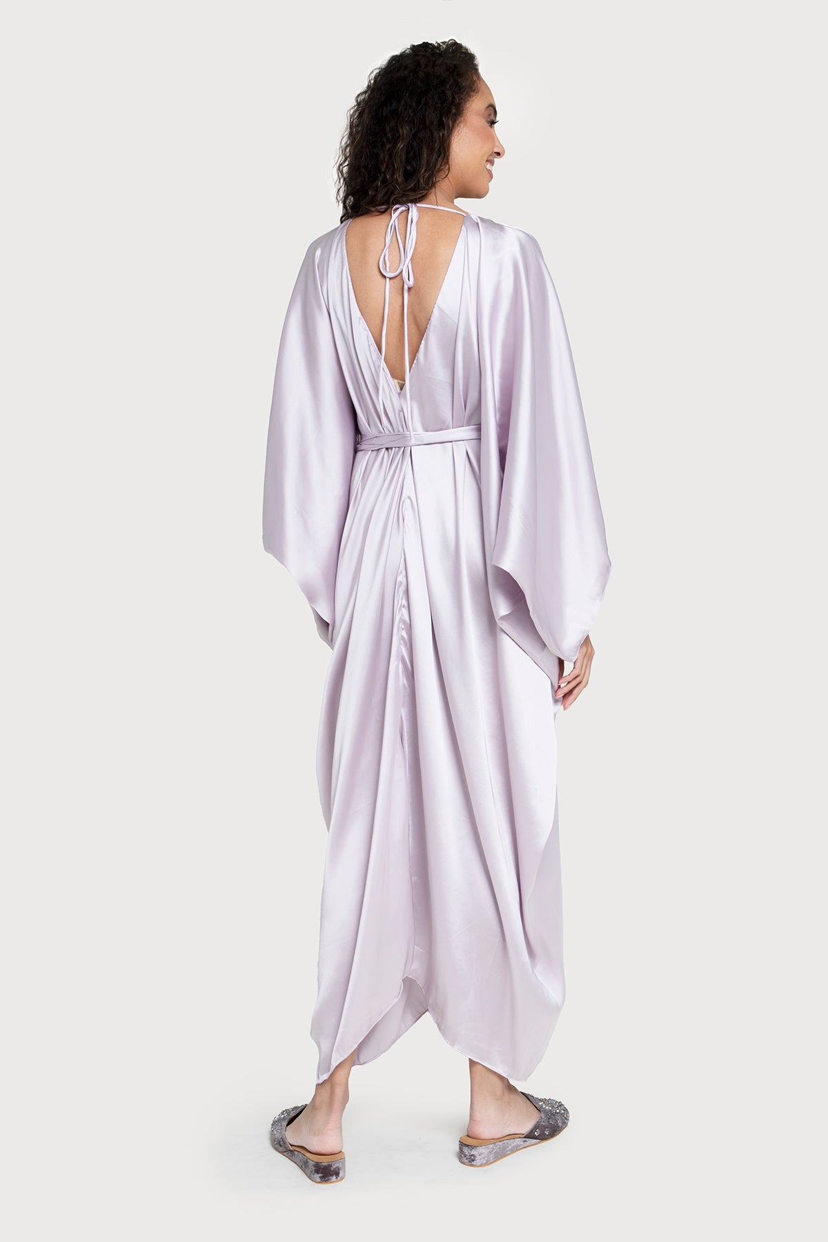 Elegant Satin Kaftan Dress with Tie Front - Flowy Maxi Length for Women | Perfect for Beach Cover Up, Resort Wear, and Summer Evenings