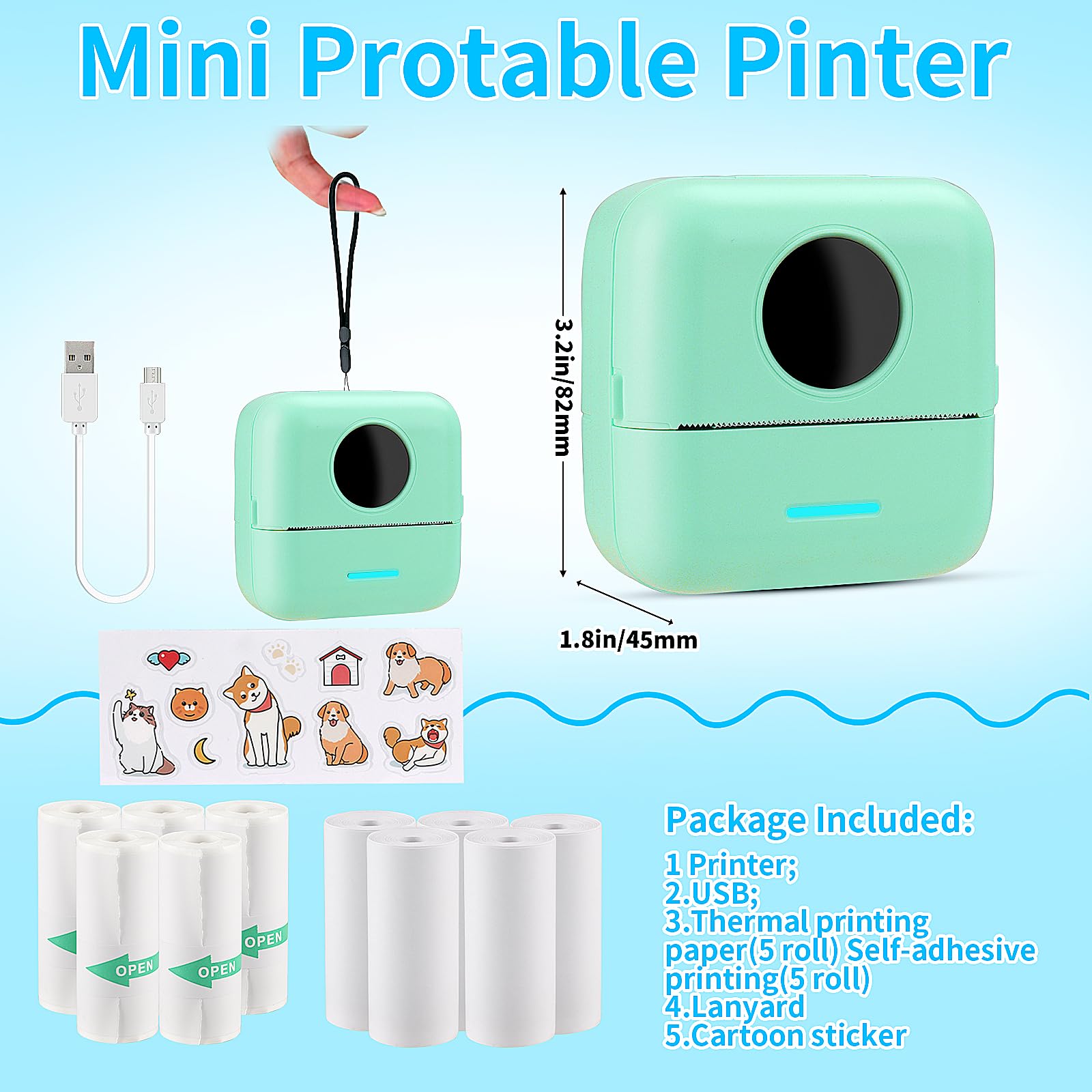 HuiJuKeJi Mini Sticker Printer - Portable Bluetooth Thermal Printer for iOS & Android with 11 Rolls Inkless Paper - Print Photos, Receipts, Journals, Notes & Memos - Perfect for DIY Crafts, Scrapbooking & Home Organization (Green)