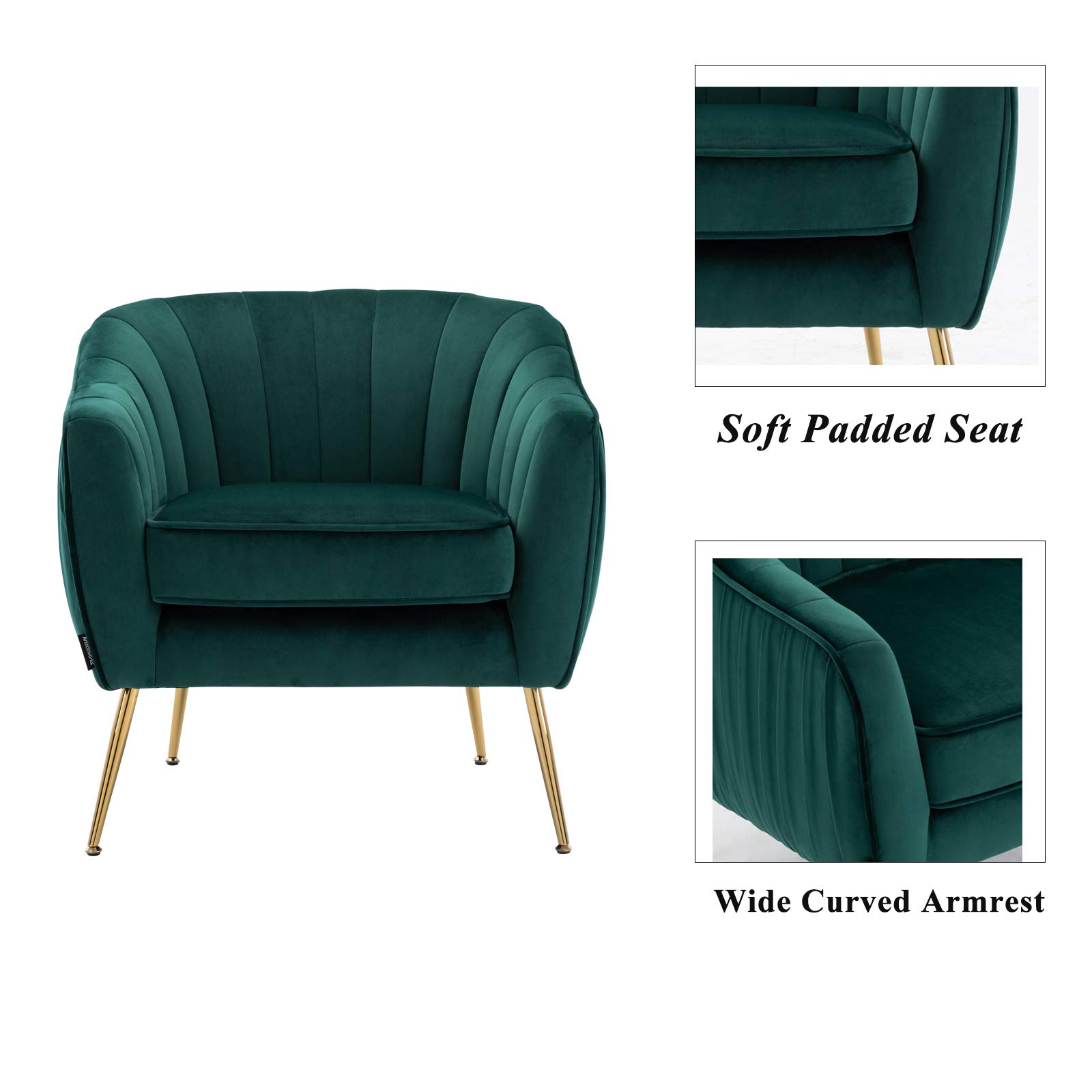 Artechworks Velvet Modern Barrel Arm Chair - Upholstered Tufted Accent Club Chair with Golden Legs for Living Room, Bedroom, Reading Nook - Luxurious Green Velvet Seating for Relaxation & Home Decor