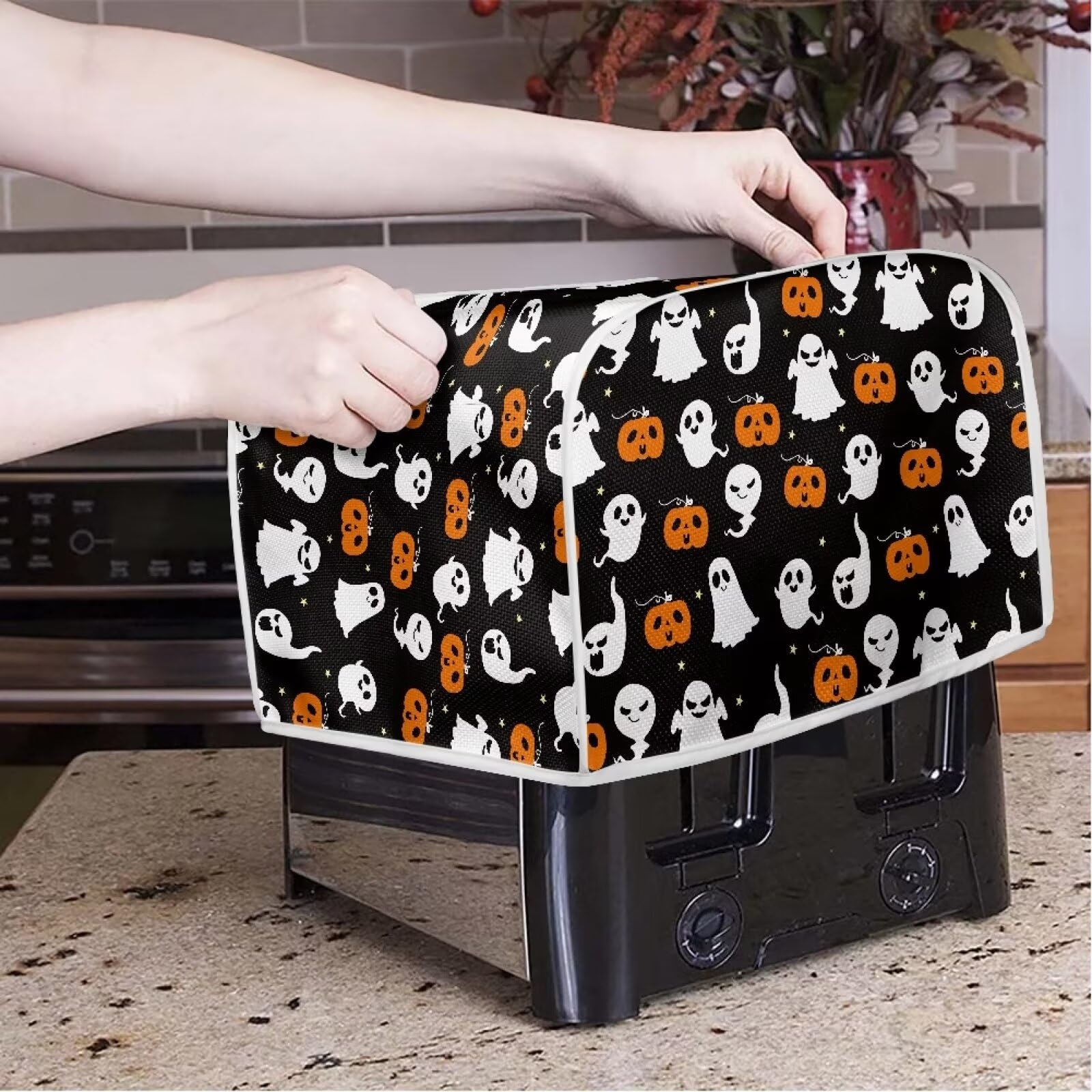 4-Slice Toaster Cover - Waterproof Dustproof Oven Toaster Protector - Fits Most Standard 4-Slice Toasters (12.4 x 10.6 x 8.2 inches) - Halloween Ghost Pumpkin Design - Perfect for Kitchen Countertop Protection & Gift Giving