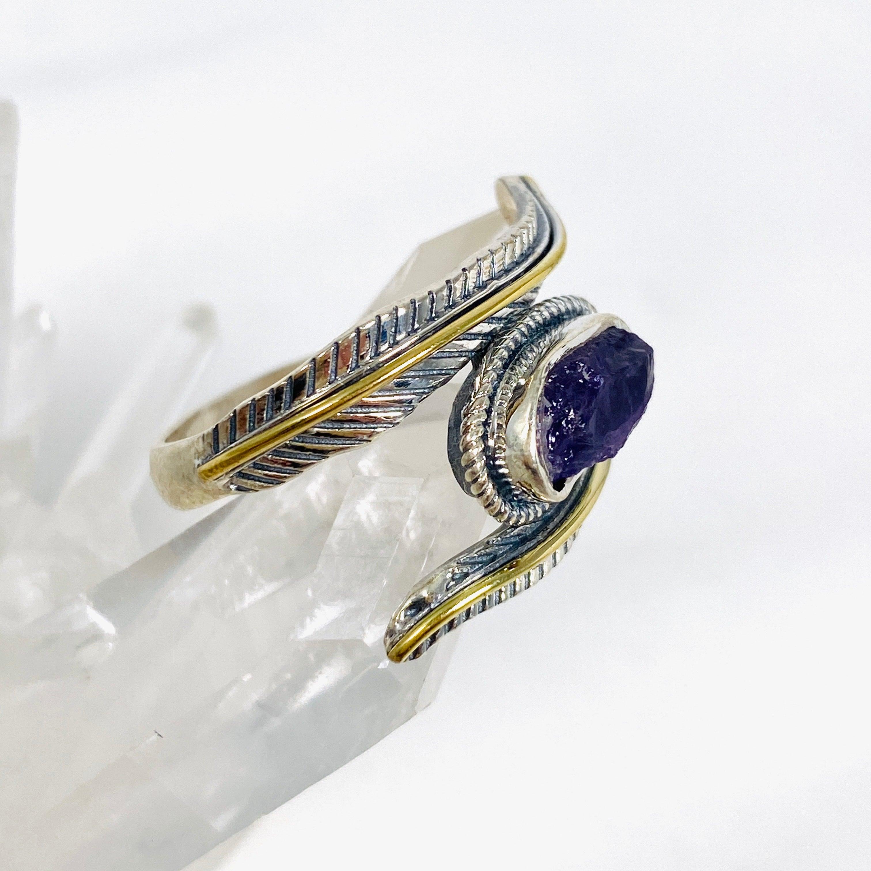 Natural Amethyst Leaf Raw Stone Ring R4224 - Handmade Bohemian Jewelry for Women, Perfect for Boho Chic, Festivals & Everyday Wear
