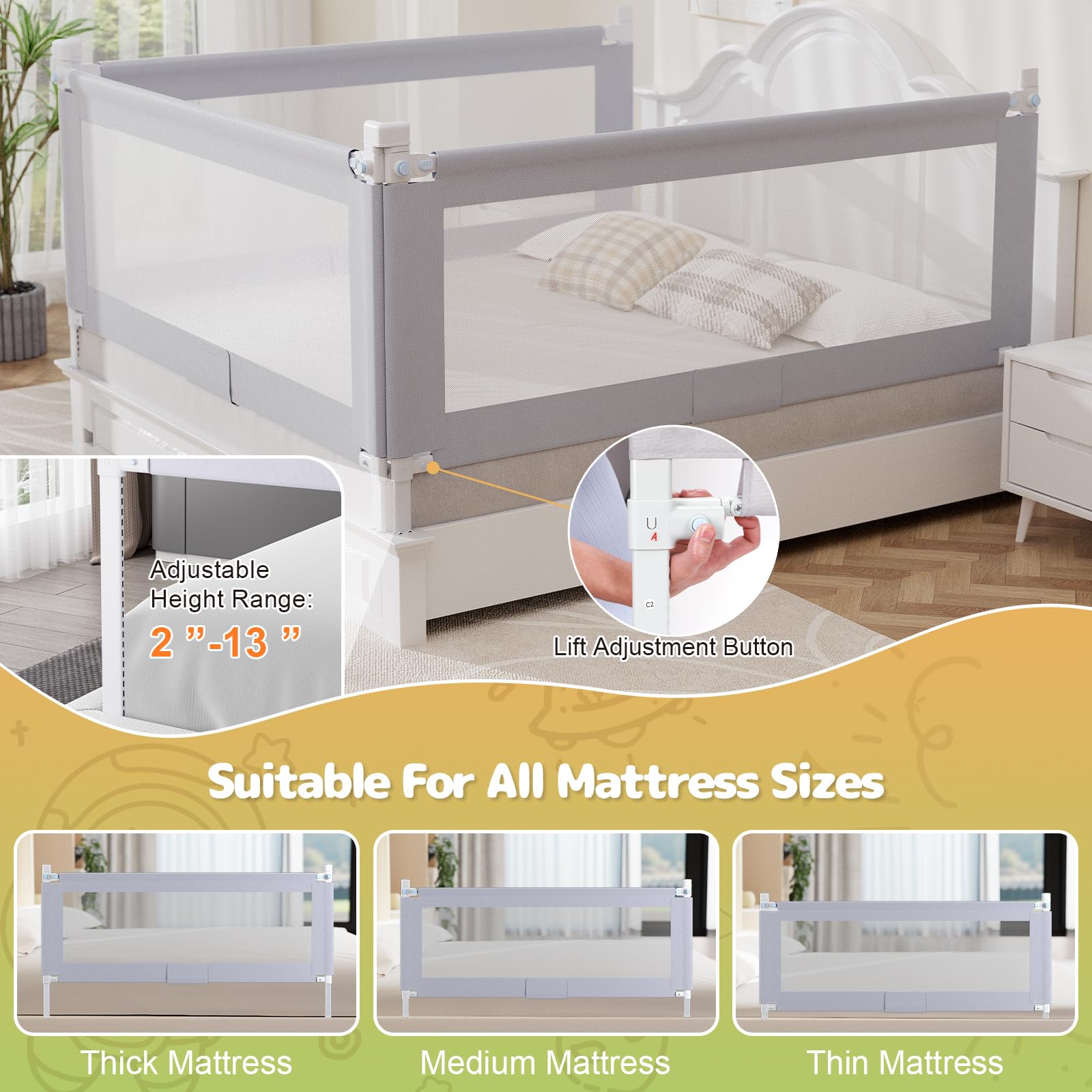 OMZER Foldable Baby Bed Rail Guard with Child Lock - Adjustable Height Toddler Safety Rail for Queen Size Beds (3-Pack, 78.7x78.7x59