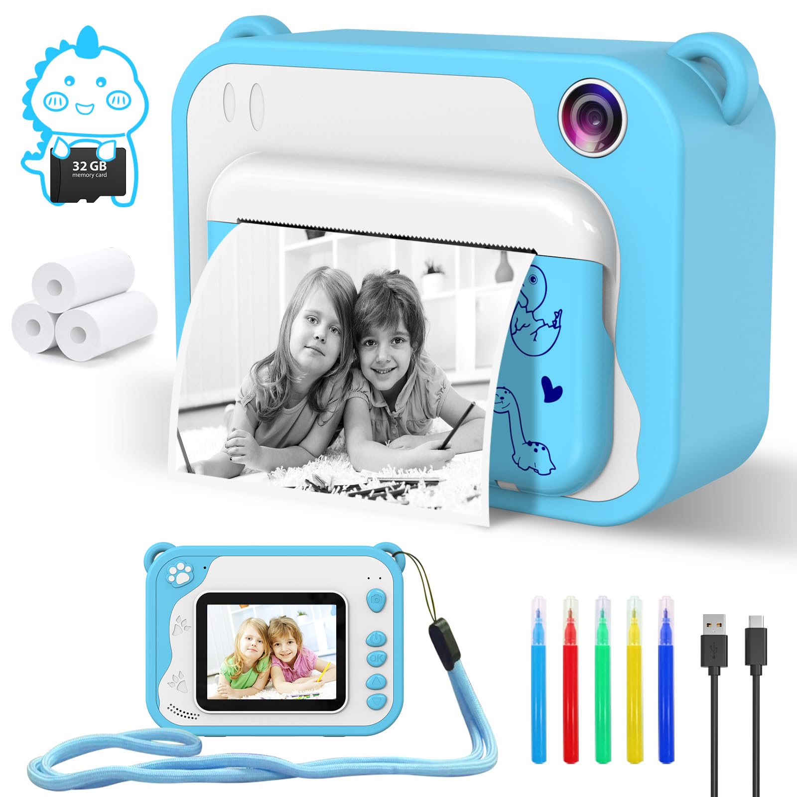 **Kids Digital Camera with Instant Print - 1080P HD Video Camera for Children Ages 3-12, Includes 32GB SD Card - Perfect Easter Birthday Gift for Boys & Girls - Fun for Travel, Parties & Creative Play**