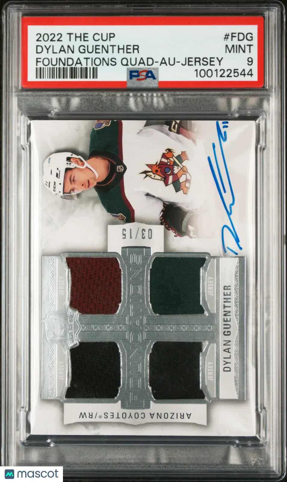 2022 Upper Deck The Cup Foundations Quad Dylan Guenther Autograph PSA 9/15 Hockey Trading Card - Rare Collectible for NHL Fans & Sports Memorabilia Enthusiasts