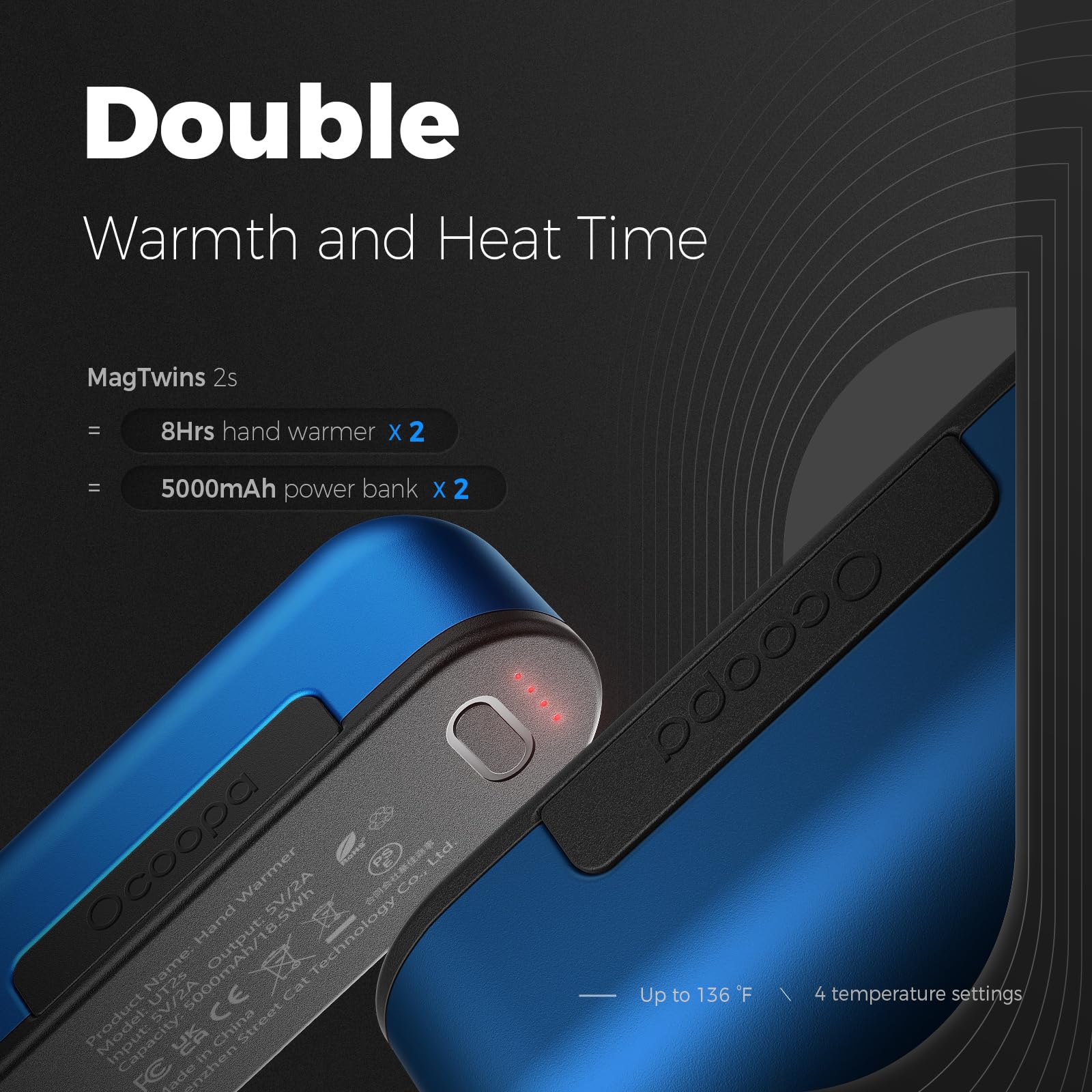OCOOPA Rechargeable Hand Warmers 2 Pack - 10000mAh USB-C Portable Charger with 4 Heat Settings up to 136°F - Magnetic Electric Hand Warmer for Raynaud's, Golf, Hiking, Camping & Winter Outdoor Activities - Perfect Tech Gift for Men & Women (UT2s MagTwins)