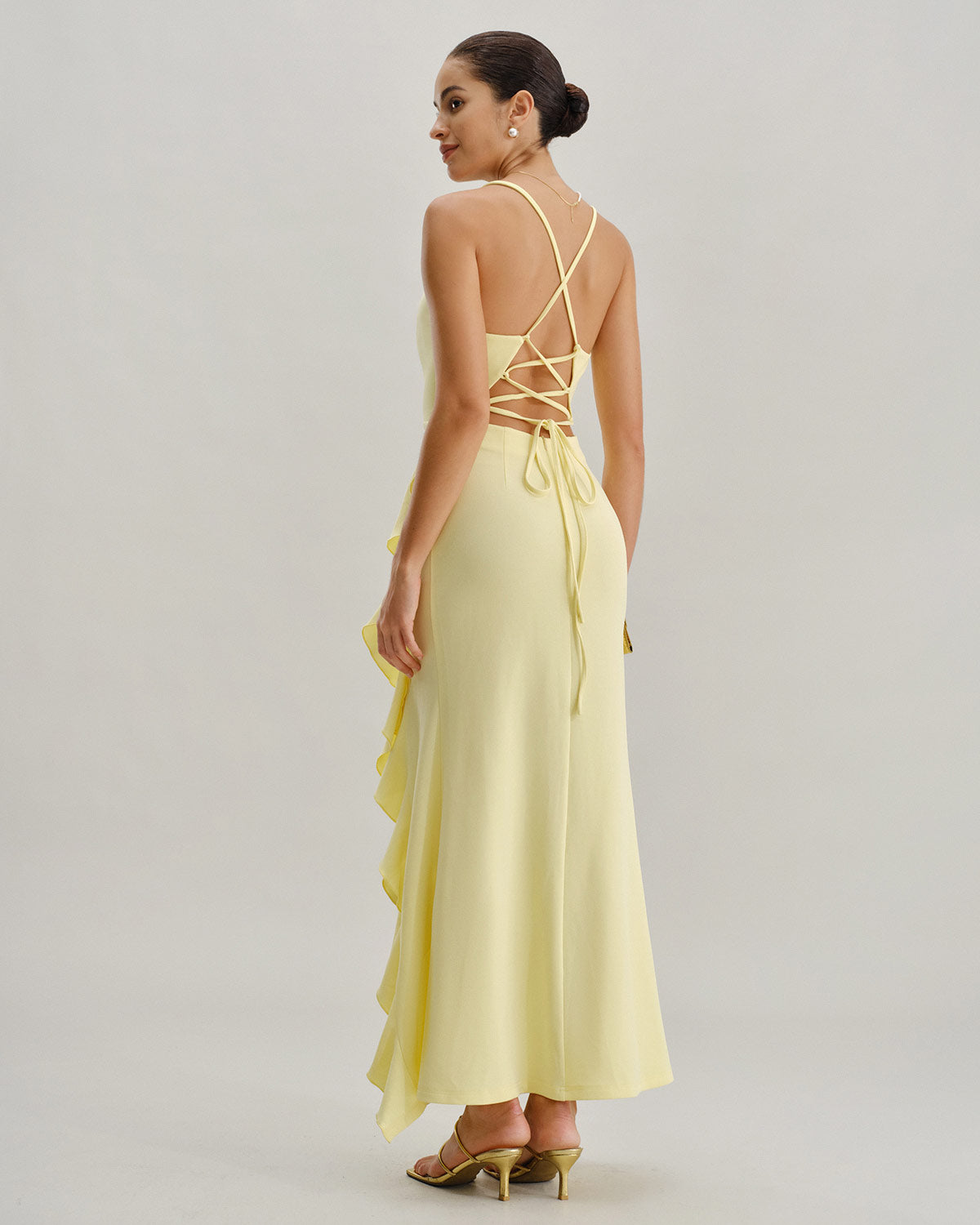 Elegant Yellow Ruffle Backless Slit Maxi Dress for Women | Summer Beach Party & Evening Gown | Perfect for Weddings, Vacations & Date Nights