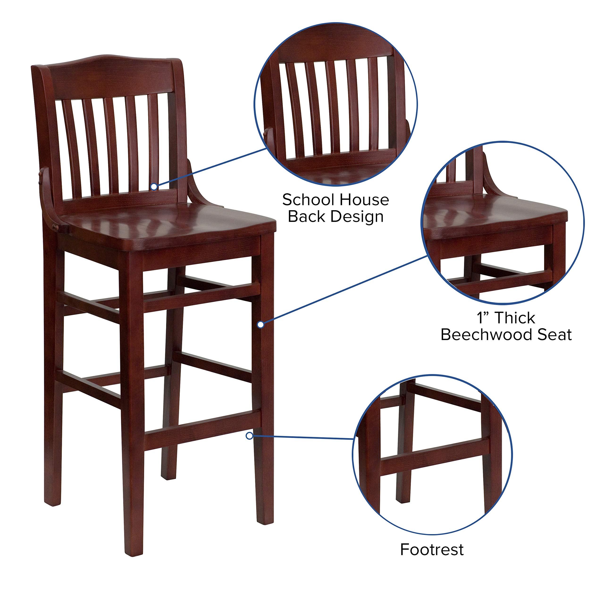 EMMA + OLIVER School House Barstool - Solid Mahogany Wood Counter Height Stool with Back Support - Perfect for Kitchen Islands, Breakfast Bars & Home Bars
