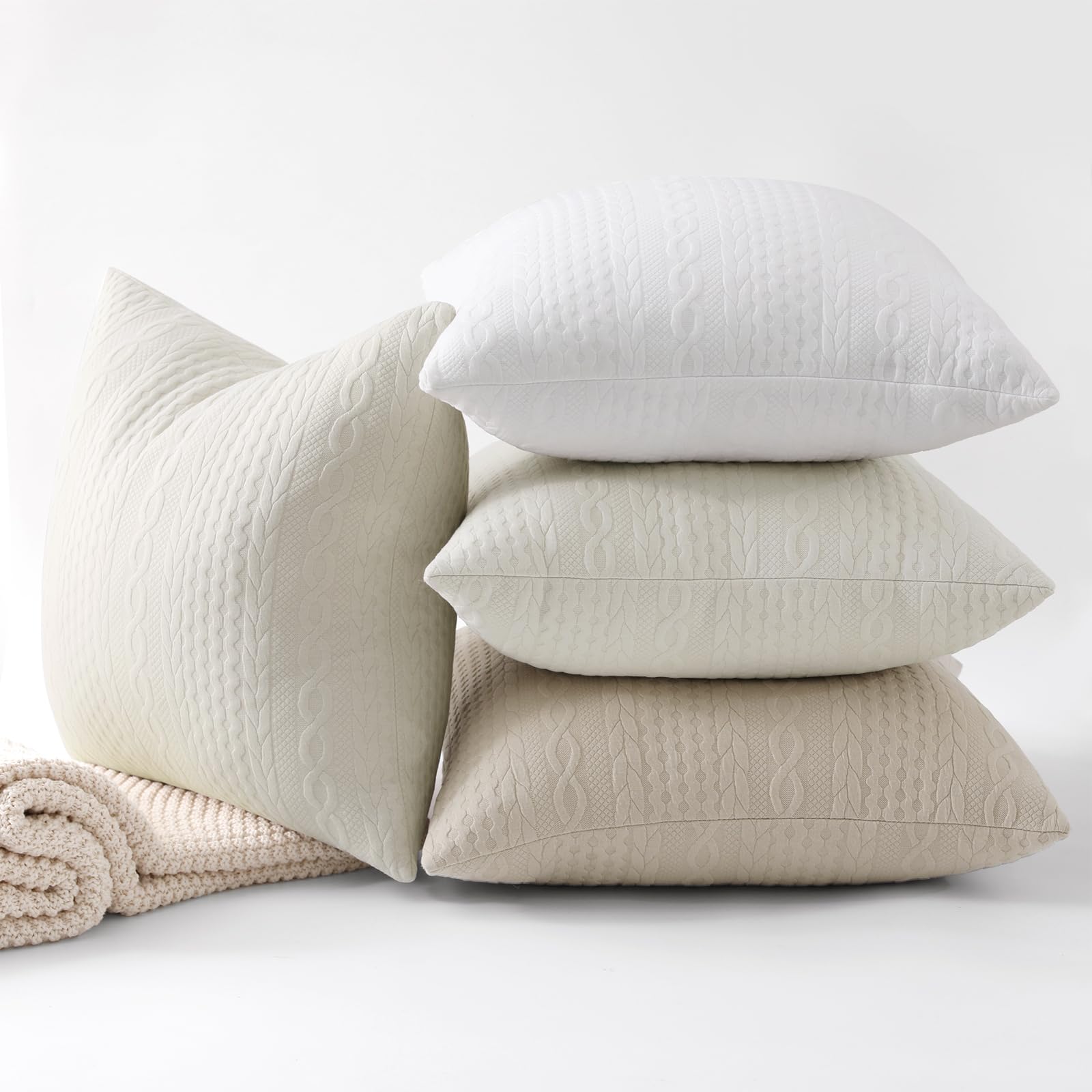 Cikary 26x26 Decorative Throw Pillow Covers Set of 2 - Soft Stretchy Embossed Couch Pillow Covers with Raised Twisted Rope Pattern for Sofa, Bed, Living Room - Beige Home Decor Accent