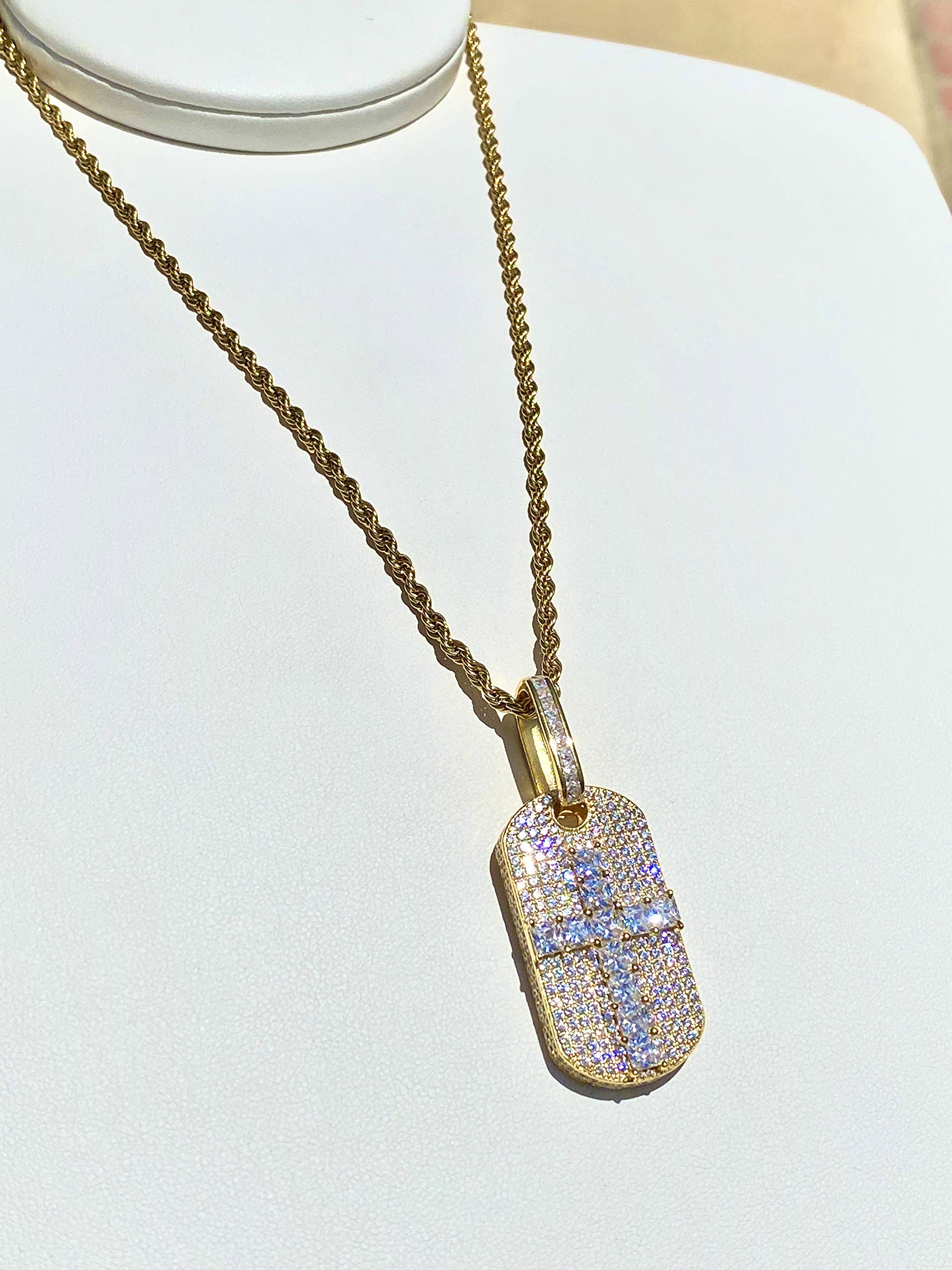 925 Sterling Silver Iced Out Baguette Cross Dog Tag Pendant with 2mm Stainless Steel Rope Chain Necklace (16