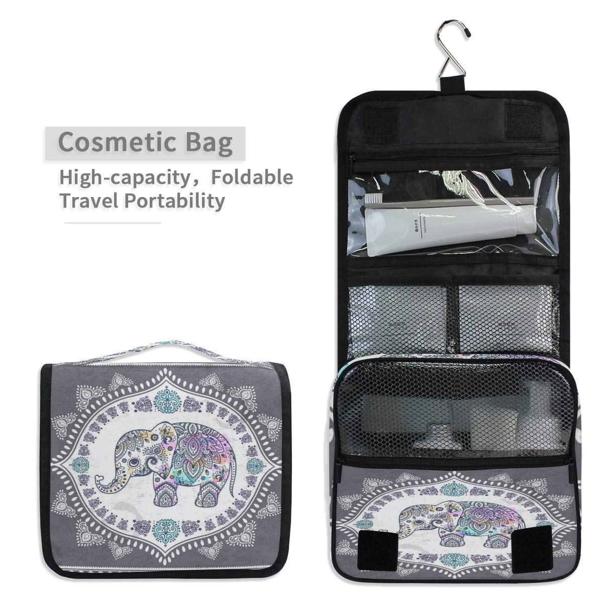 AUUXVA Hanging Travel Toiletry Bag - Waterproof Cosmetic Organizer with Multiple Zipper Pockets for Women & Men - Perfect for Vacation, Gym, and Business Trips - Ethnic Elephant Design Portable Wash Bag
