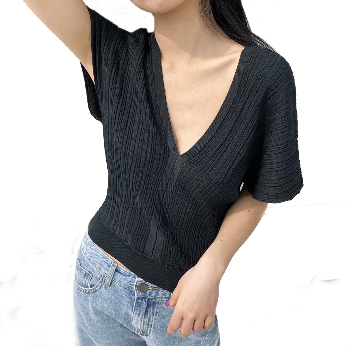 Women's V-Neck Long Sleeve Knit Pullover - Loose Fit Warm Casual T-Shirt Top for Everyday Wear, Work & Fall Layering