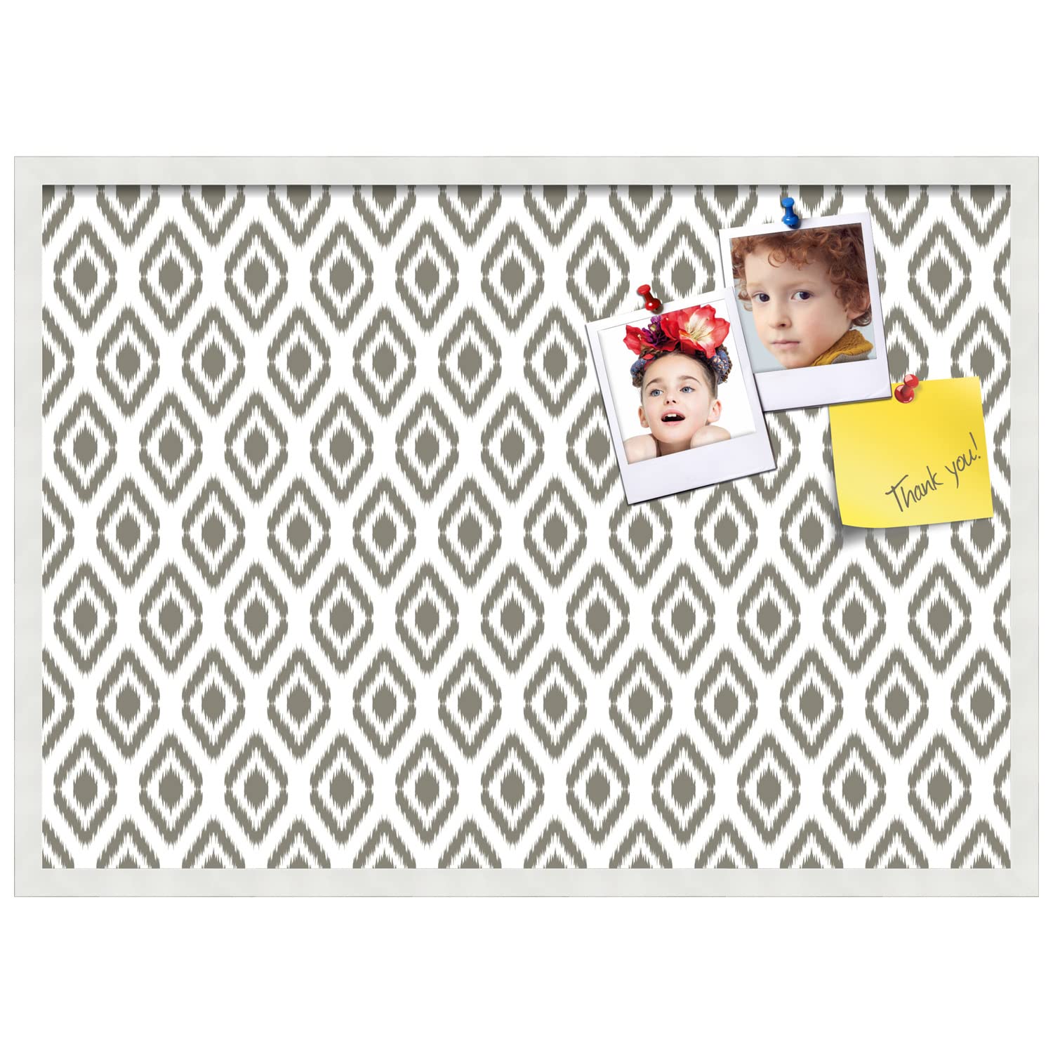 PinPix 34x24 Inch Cork Bulletin Board with Ikat Pewter Design & Satin White Frame - Decorative Framed Pin Board for Home Office School Decor - Perfect for Notes, Photos, Reminders & Wall Organization
