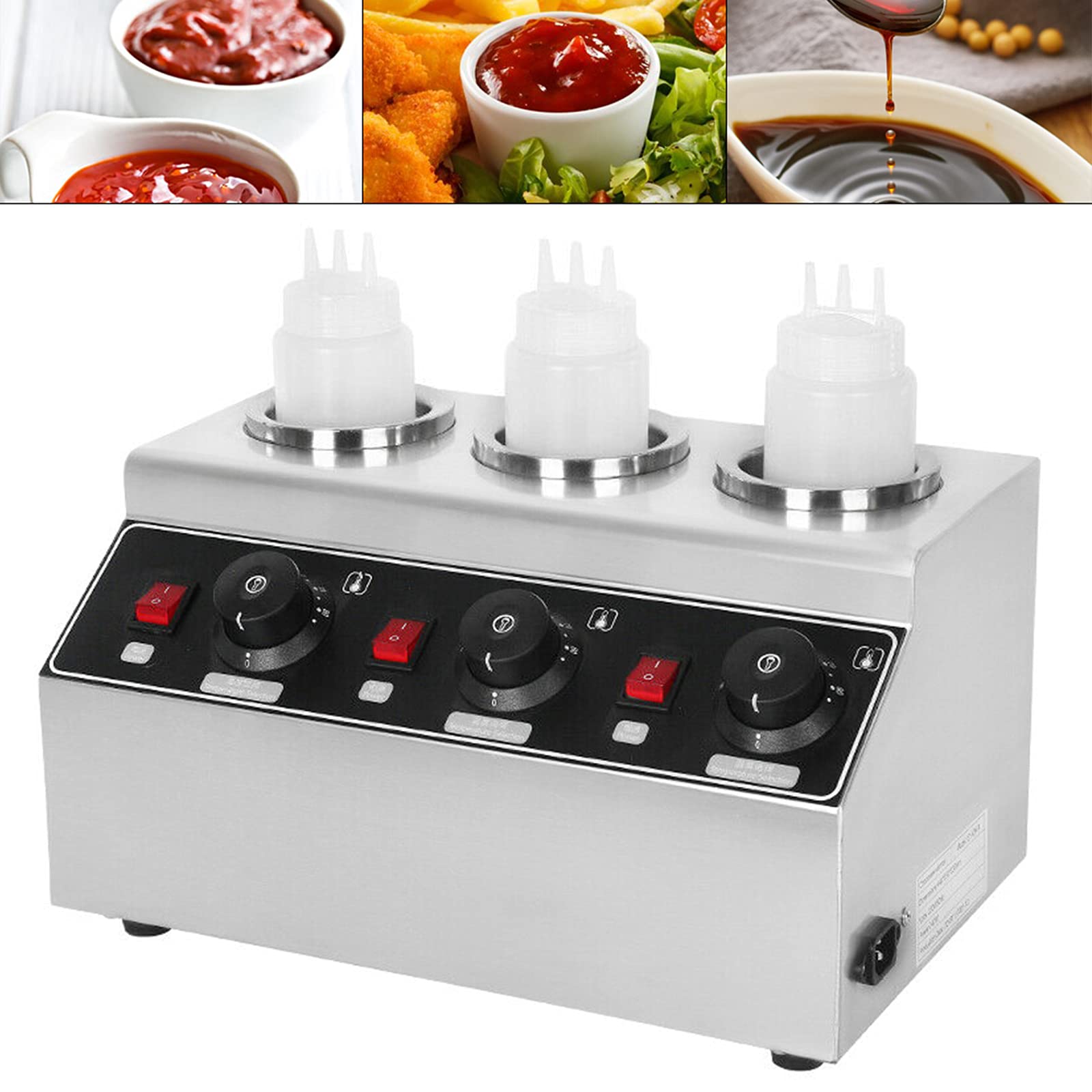 Commercial Electric Food Warmer - 3 Bottle Stainless Steel Sauce Dispenser with Adjustable Temperature (30-85°C) for Chili, Cheese, Caramel & Jam - Perfect for Restaurants, Cafes & Catering Services
