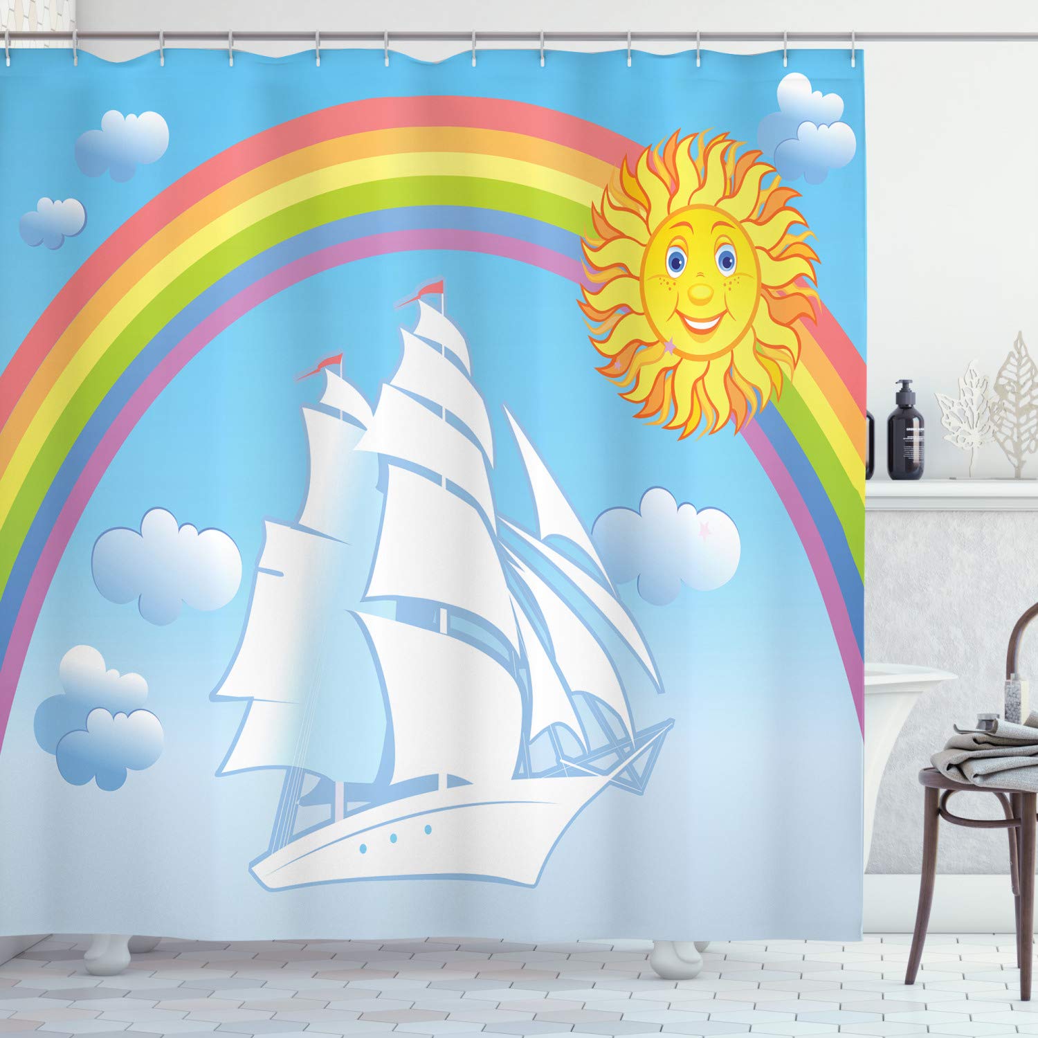 Ambesonne Nautical Shower Curtain - Sailing Ship Under Rainbow Circle Surreal Sun Design, 69