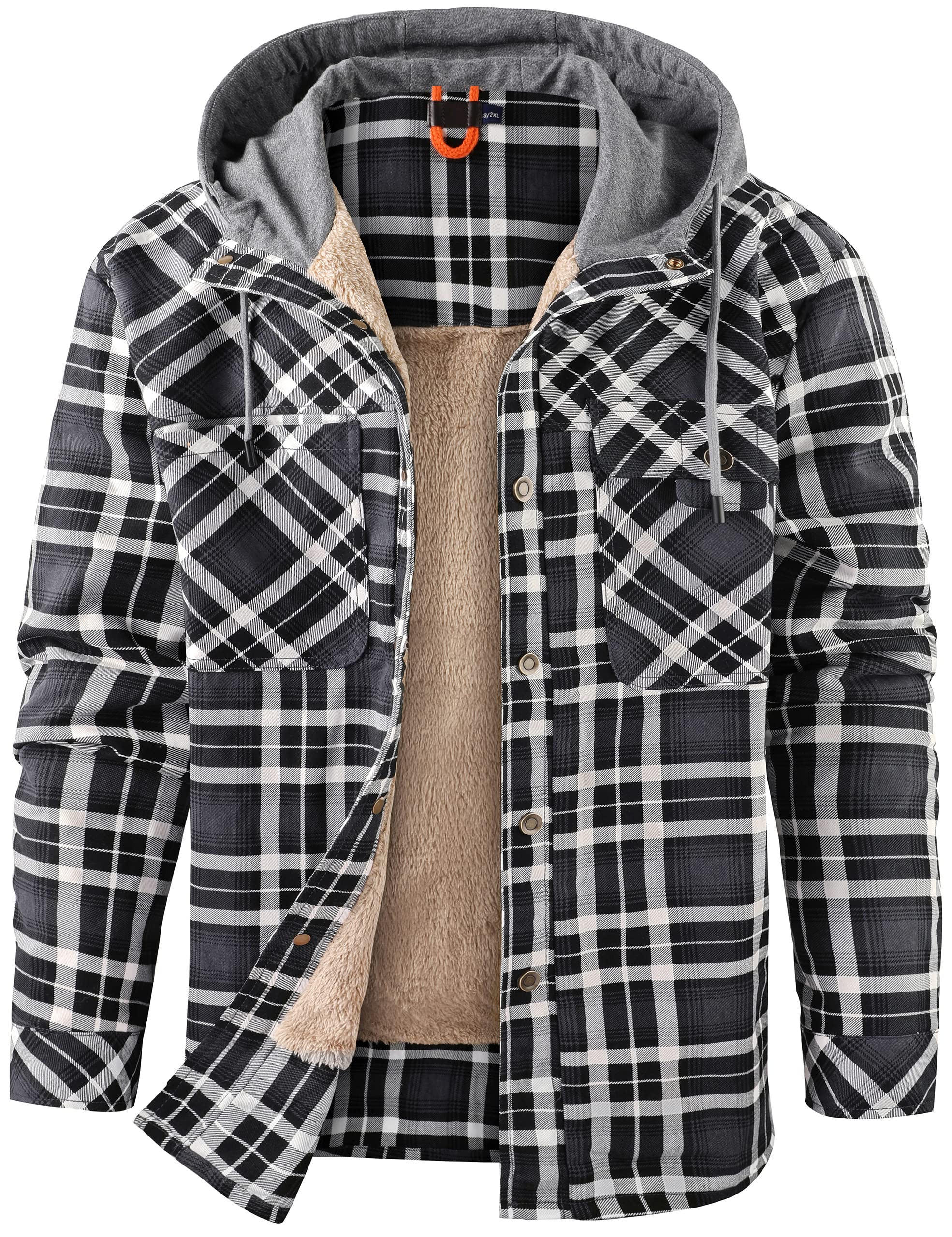 PEHMEA Men's Cotton Plaid Flannel Shirt Jacket - Fleece Lined Sherpa Hooded Button Down for Winter (Gray, Large) | Outdoor Work & Casual Wear
