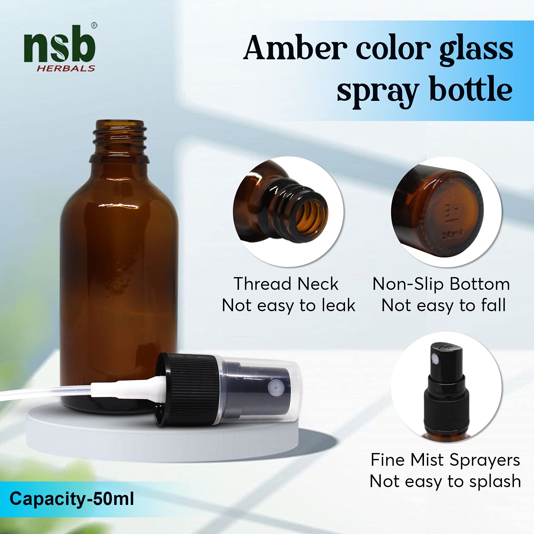 NSB Herbals 50ml Refillable Amber Glass Spray Bottles with Leak-Proof Pump - Perfect for DIY Perfume, Essential Oils, Aromatherapy, Beauty Products & Skincare (Pack of 3) | Great for Travel, Home Spa & Gift Sets