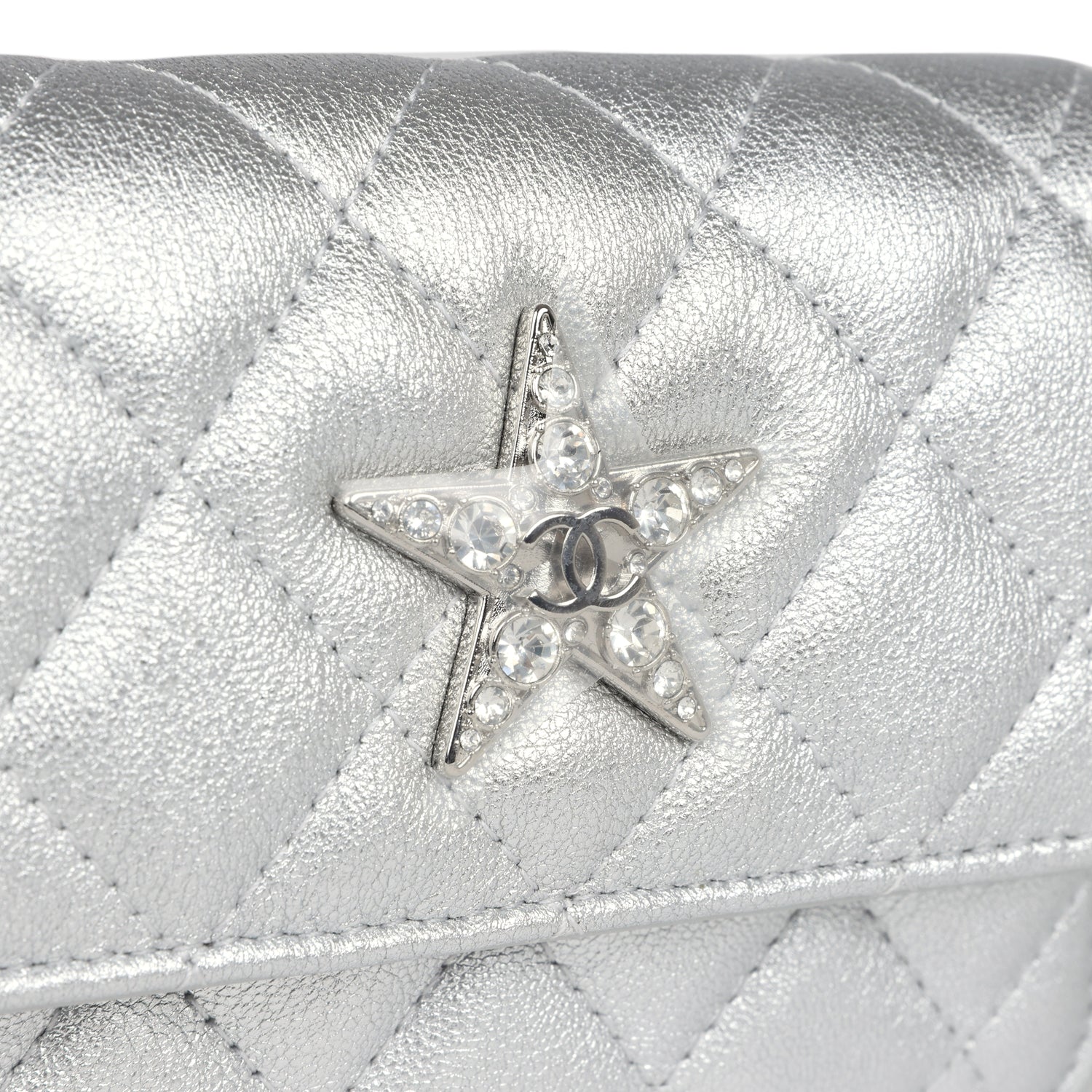 Chanel Crystal CC Walk Of Fame Clutch Wallet - Silver Metallic Goatskin with Silver Hardware | Luxury Evening Bag for Parties & Special Events
