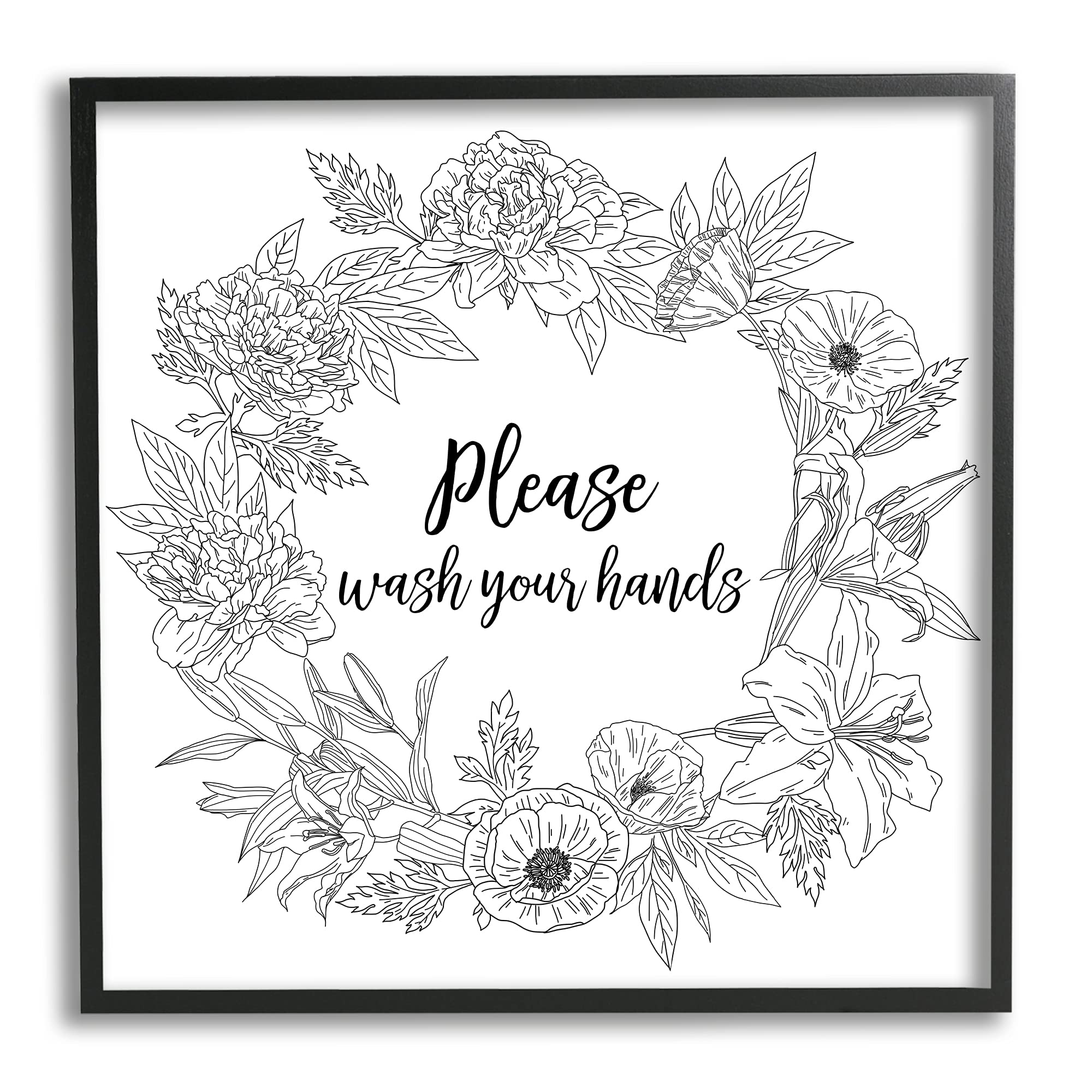 Stupell Industries Floral Wreath 'Please Wash Your Hands' Framed Wall Art - Perfect for Bathroom, Kitchen & Home Decor