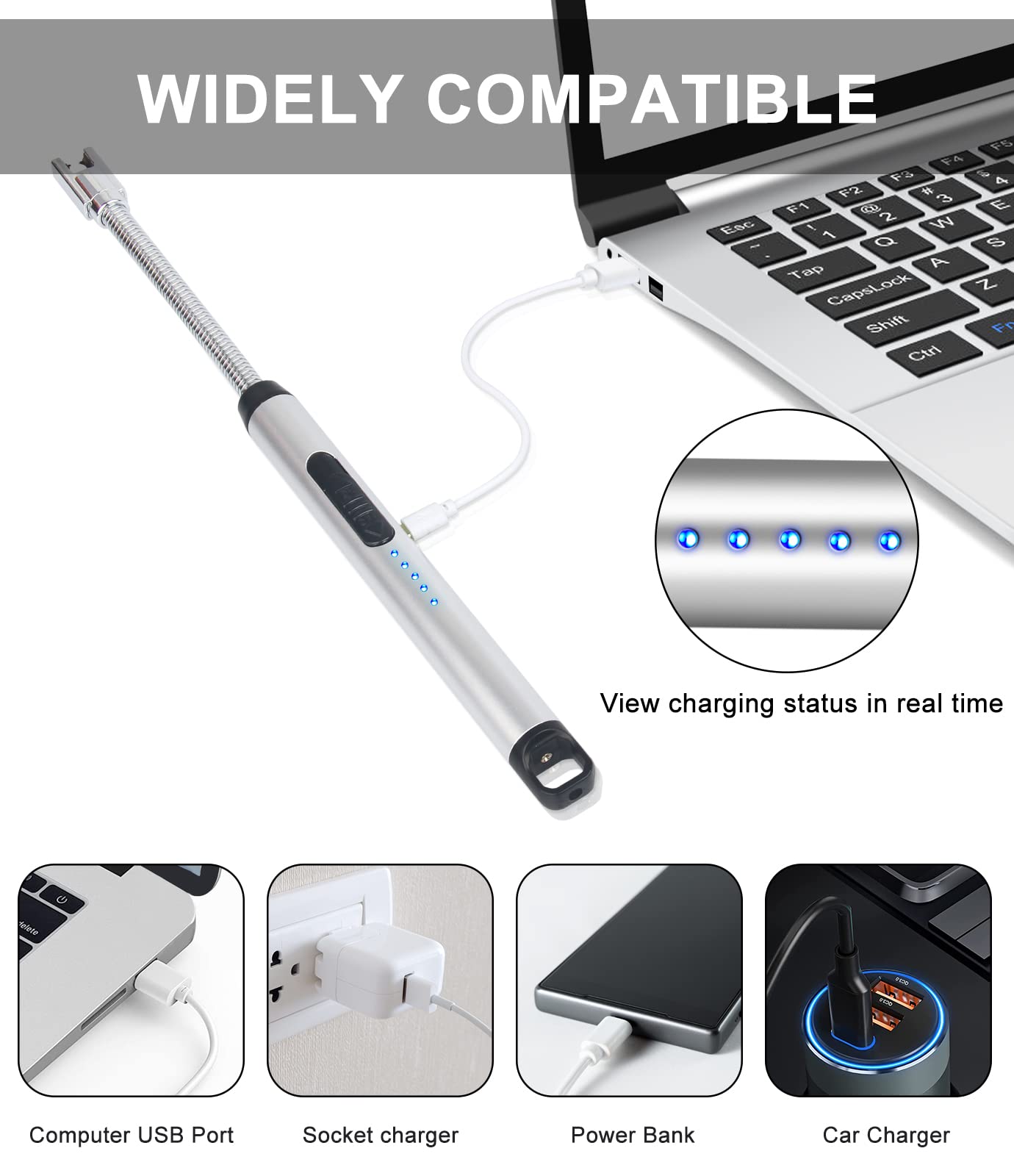 Rechargeable Windproof Arc Lighter for Kitchen, Camping & BBQ - Silver