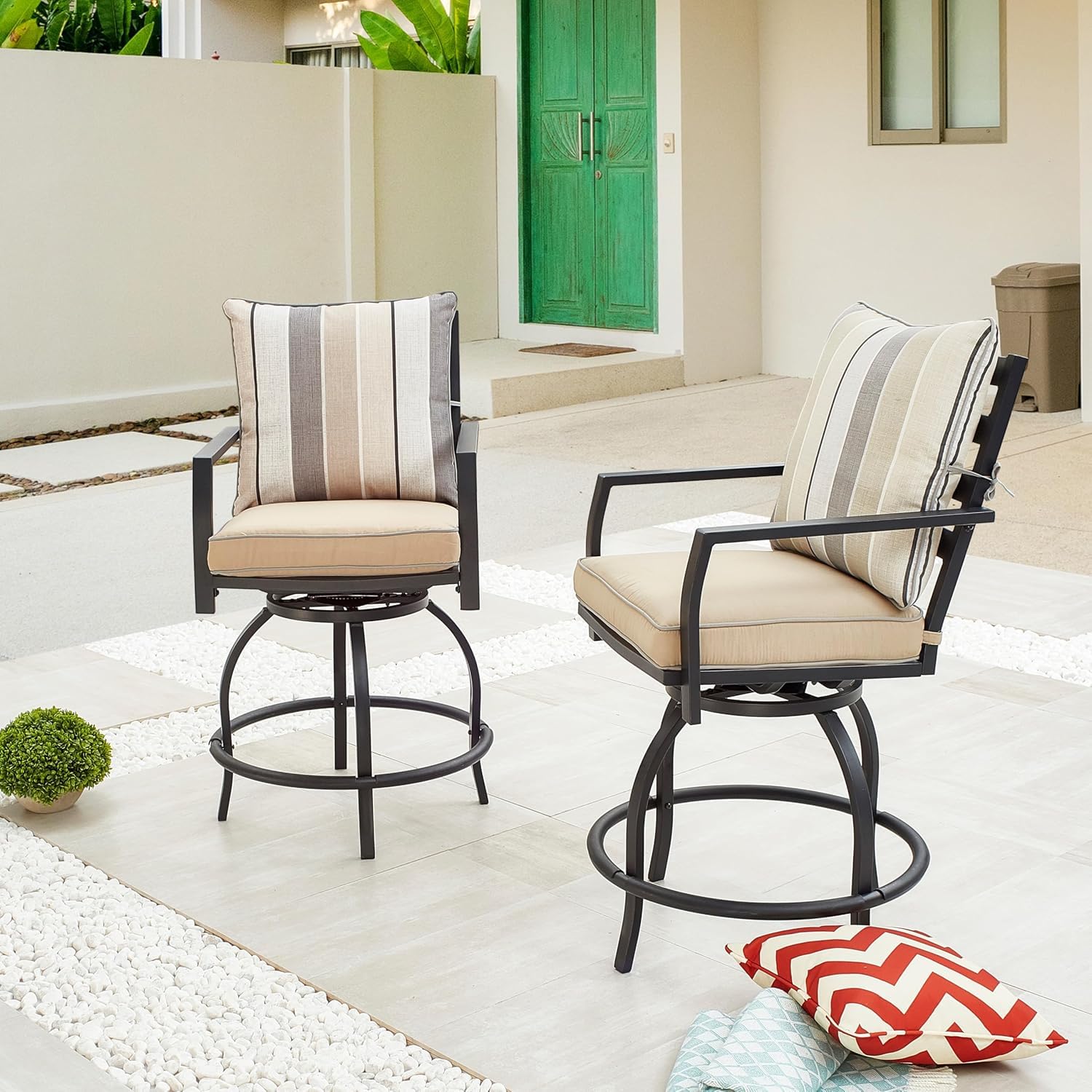 LOKATSE HOME 2-Piece Patio Swivel Bar Stools Set - Beige Outdoor Bar Height Chairs for Backyard, Deck, Poolside & Garden Relaxation