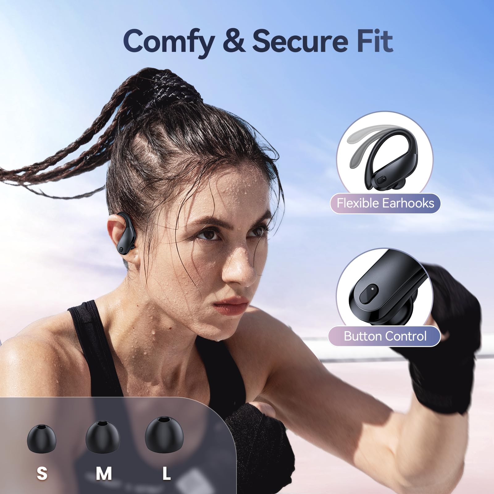 GNMN Wireless Bluetooth Earbuds with 90H Playback, IPX7 Waterproof, Deep Bass & Wireless Charging Case - Over Ear Sports Headphones with Dual LED Power Display & Earhooks for Running, Gym, Workout (Black) - Perfect for Fitness, Commuting & Travel