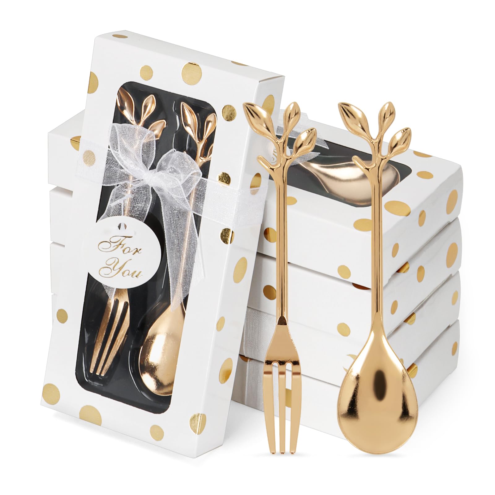 30-Piece Gold Leaf Floral Wedding Forks and Spoons Set with Gift Box - Elegant Coffee Teaspoons for Wedding, Baby Shower, Tea Party Favors - Perfect as Bridal Shower Guest Gifts and Party Decorations